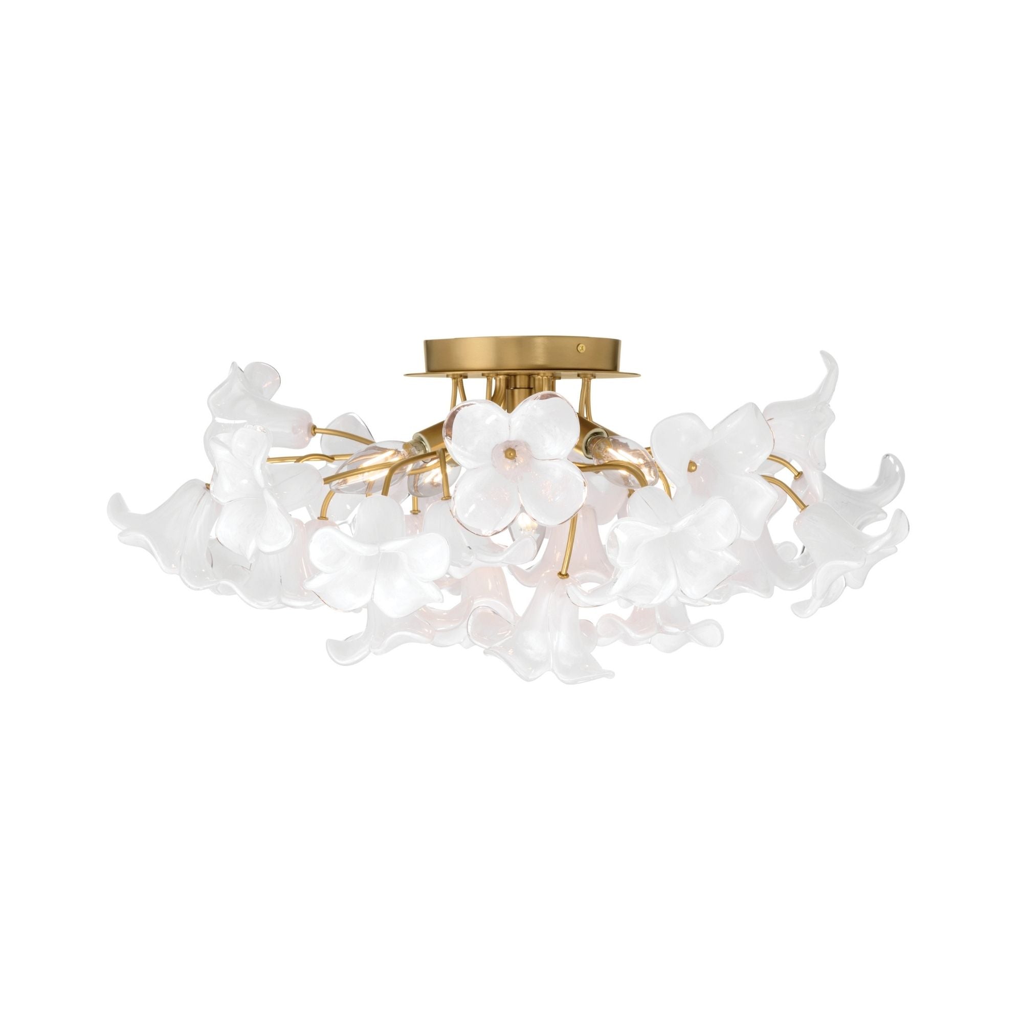 Metropolitan Bloome 25.25 in. 5-Light Semi-Flush Mount, Legacy Brass with White Swirl Glass