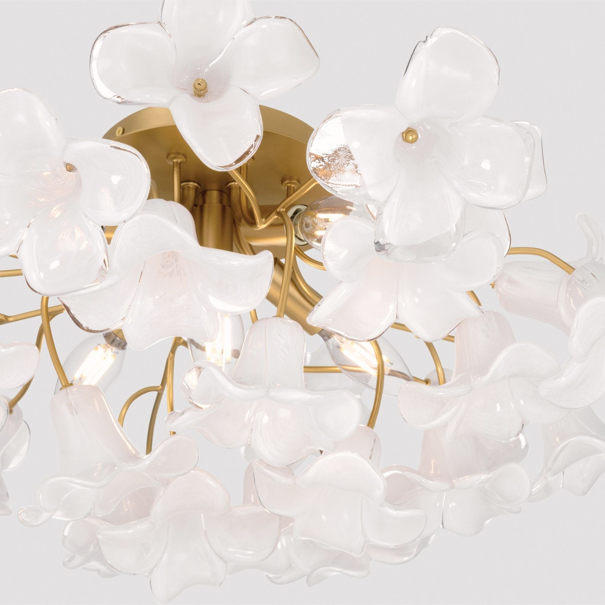 Metropolitan Bloome 25.25 in. 5-Light Semi-Flush Mount, Legacy Brass with White Swirl Glass