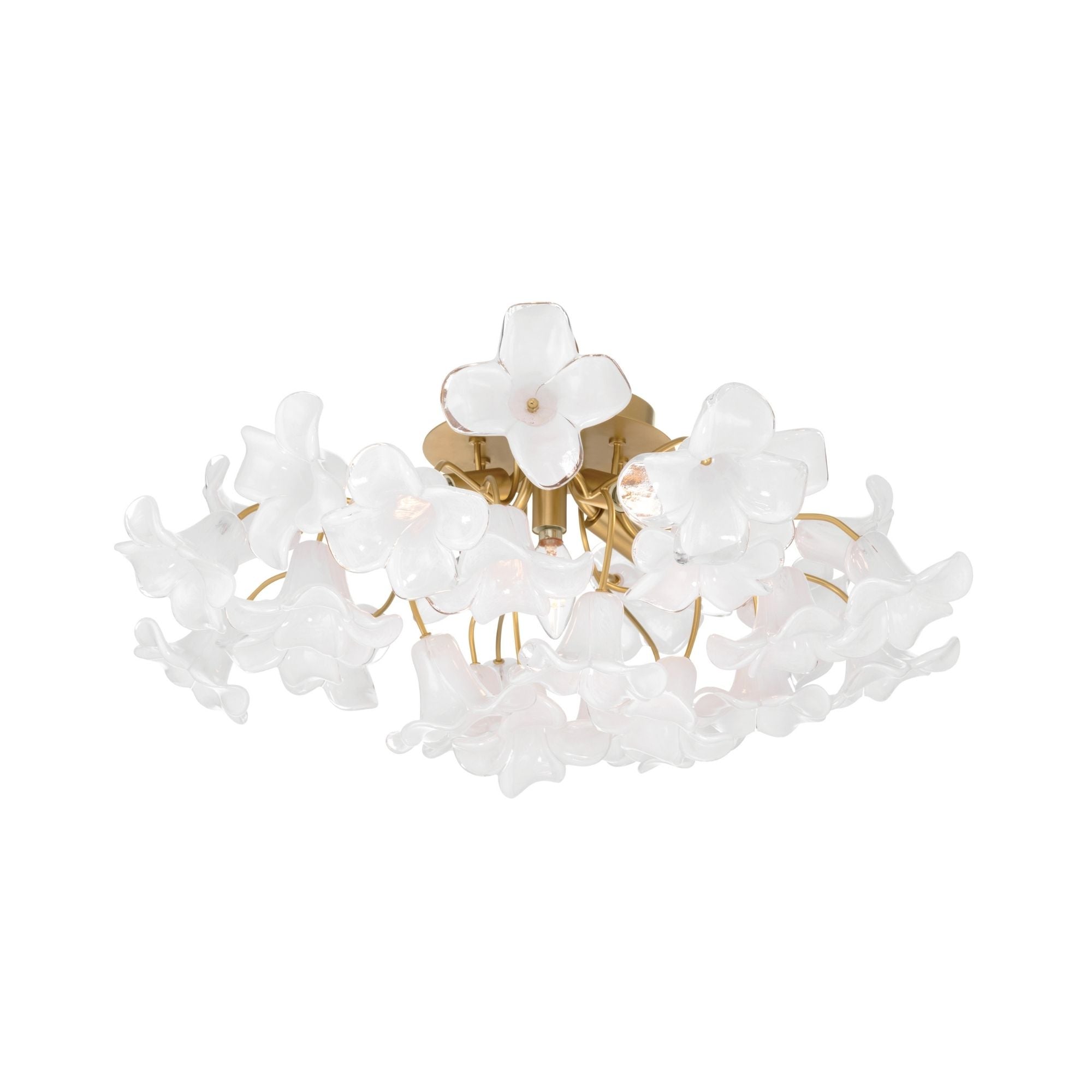 Metropolitan Bloome 25.25 in. 5-Light Semi-Flush Mount, Legacy Brass with White Swirl Glass