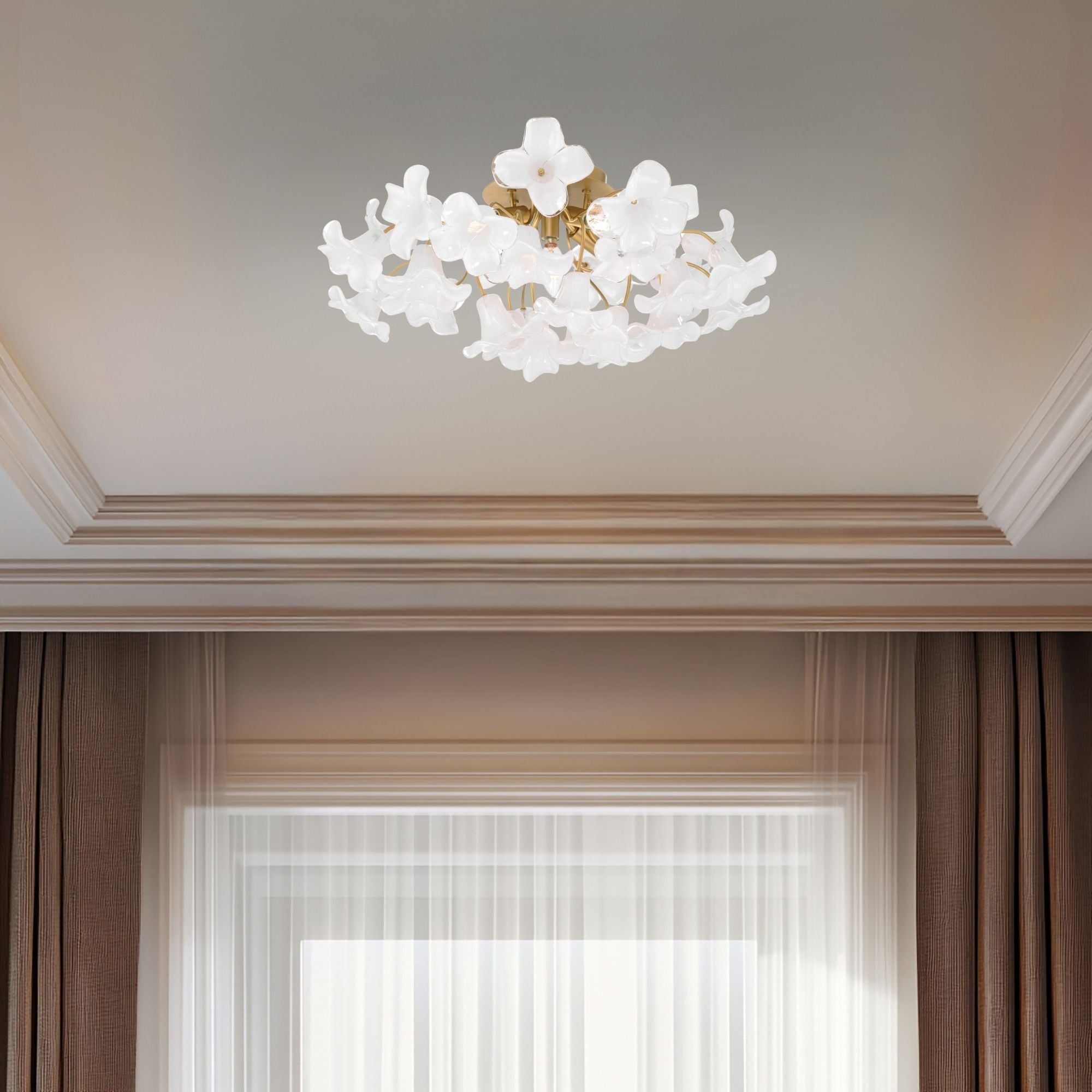 Metropolitan Bloome 25.25 in. 5-Light Semi-Flush Mount, Legacy Brass with White Swirl Glass