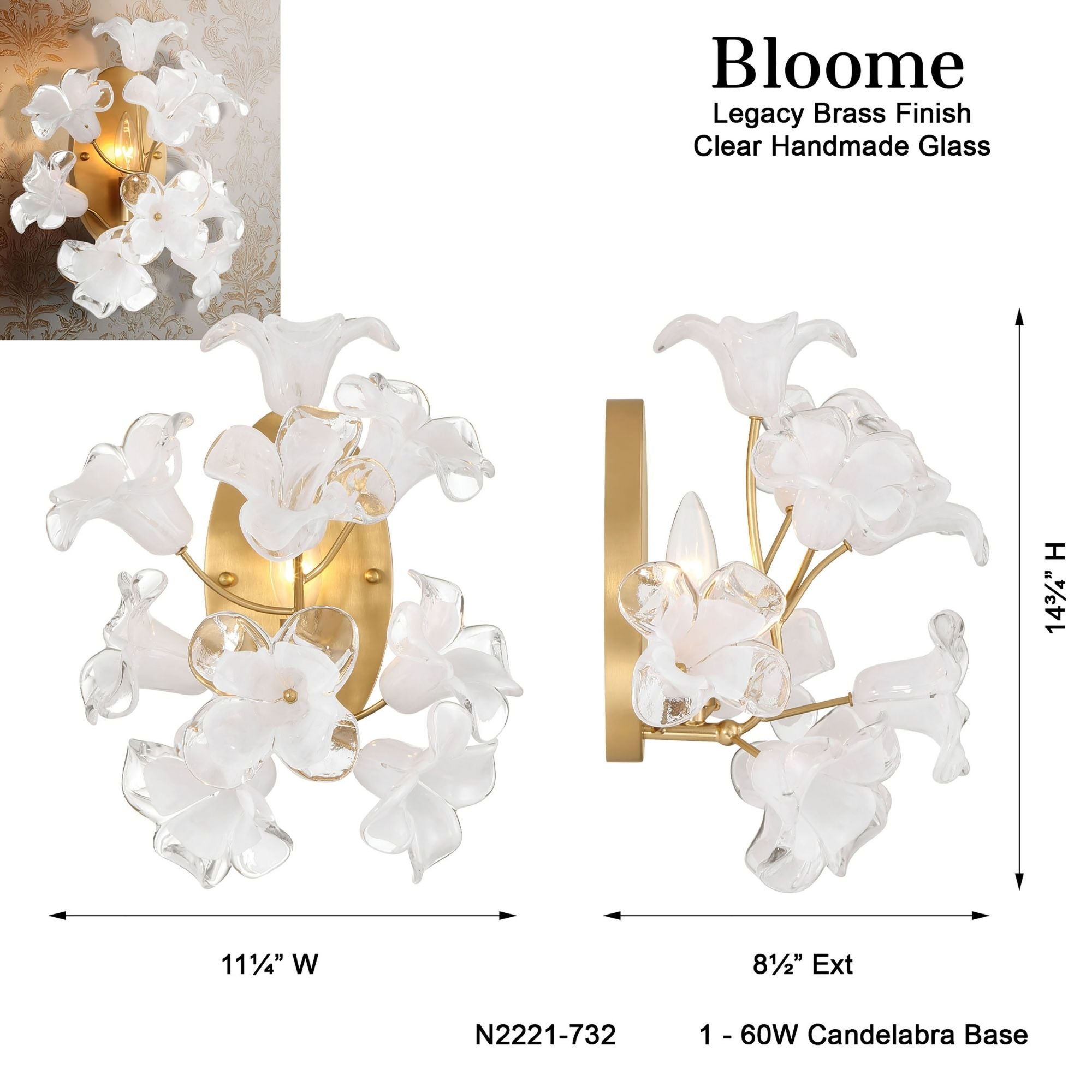 Metropolitan Bloome 14.75 in. Wall Sconce, Legacy Brass with Handmade Clear Glass
