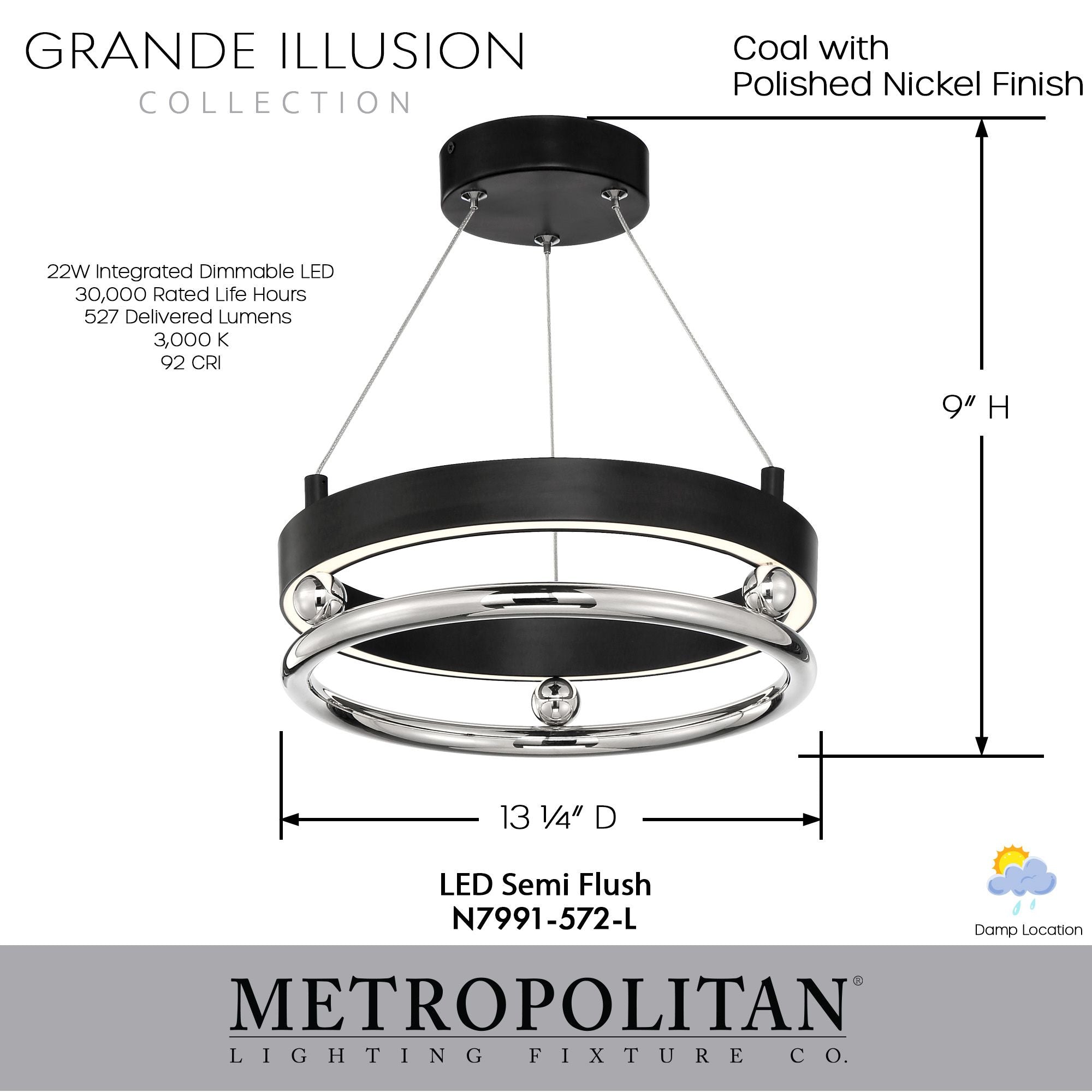 Grande Illusion 13" LED Semi-Flush Mount, Coal & Polished Nickel Highlights