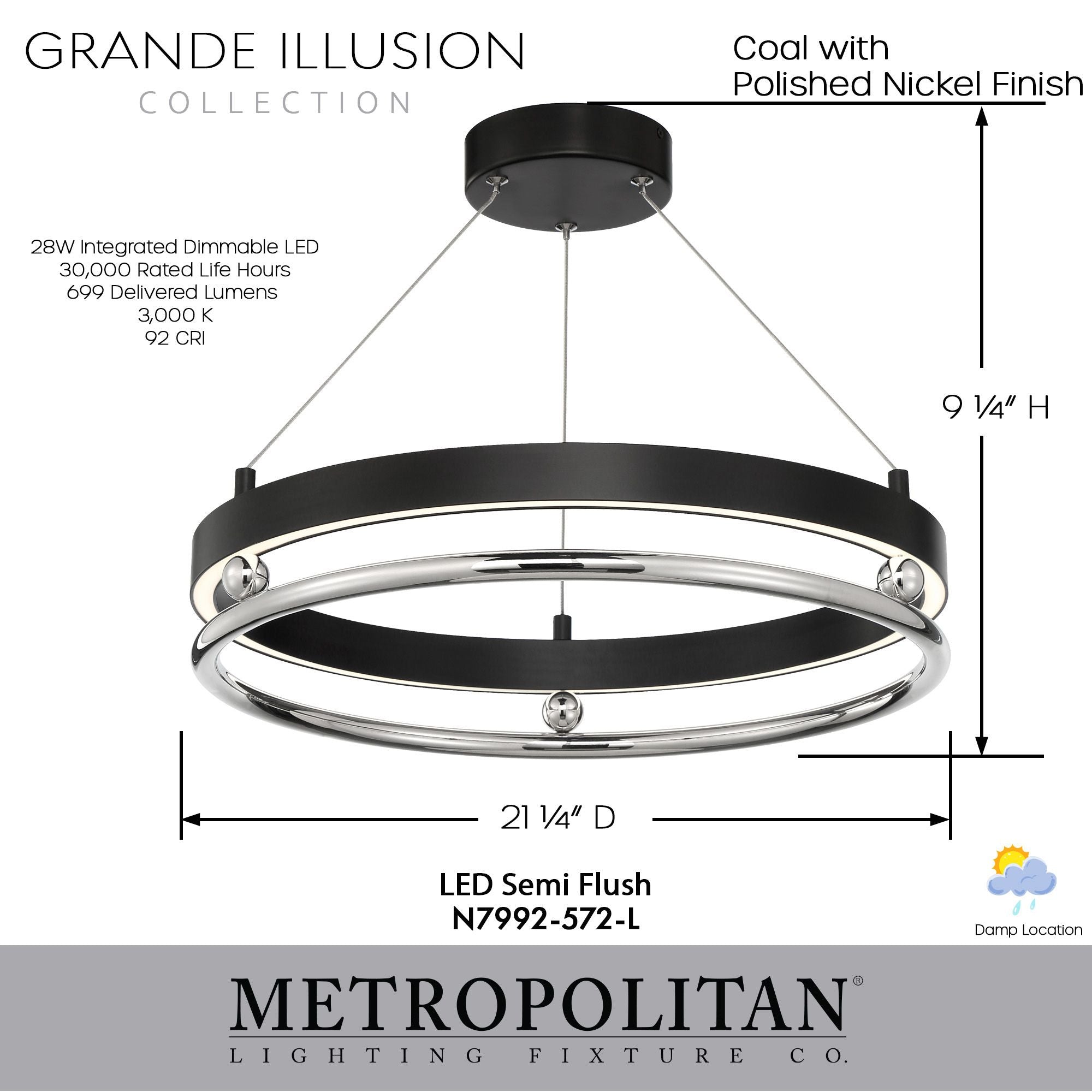 Grande Illusion 21" LED Semi-Flush Mount, Coal & Polished Nickel Highlights