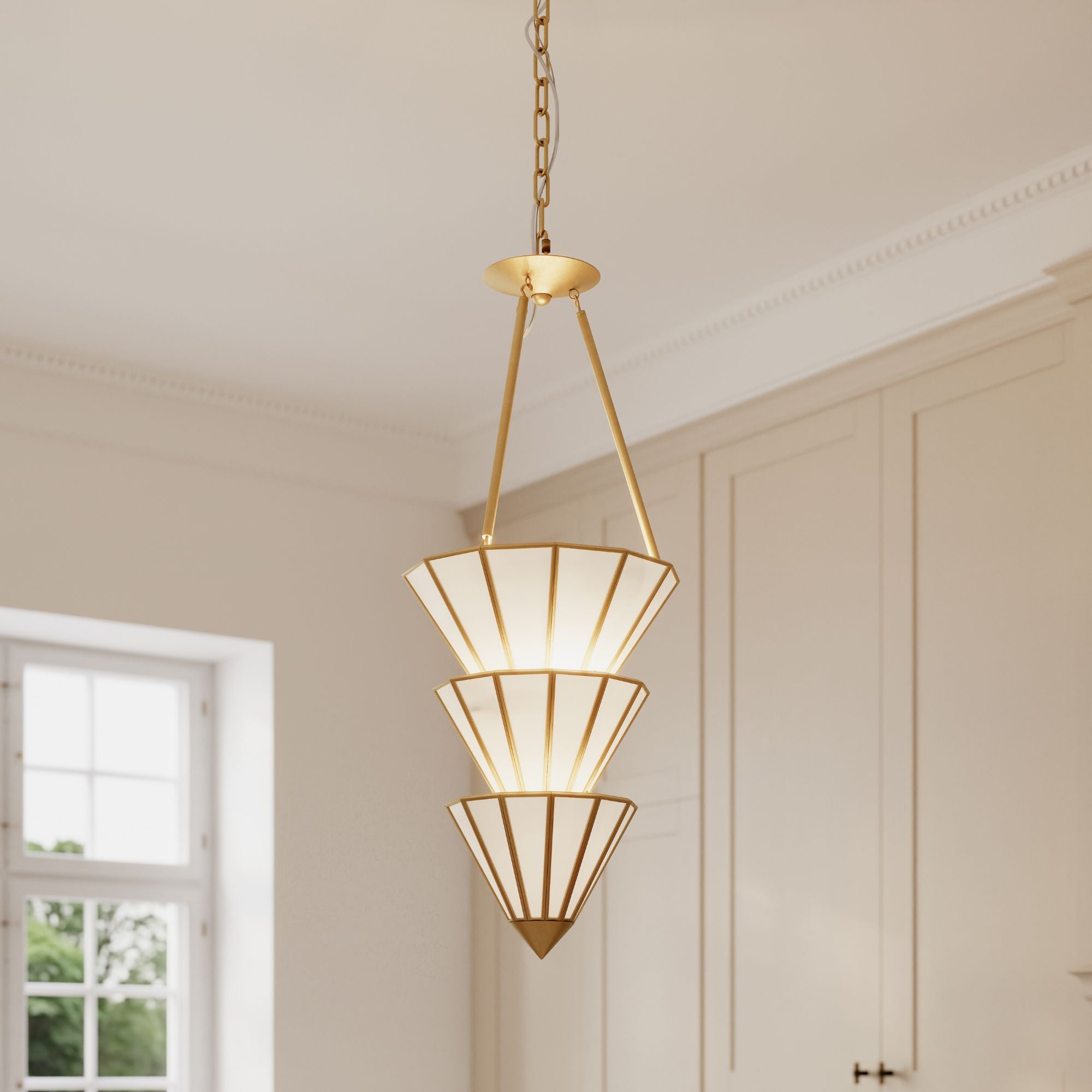 Metropolitan Jaxen 34.5 in. 5-Light Pendant, Legacy Brass with White Handmade Art Glass