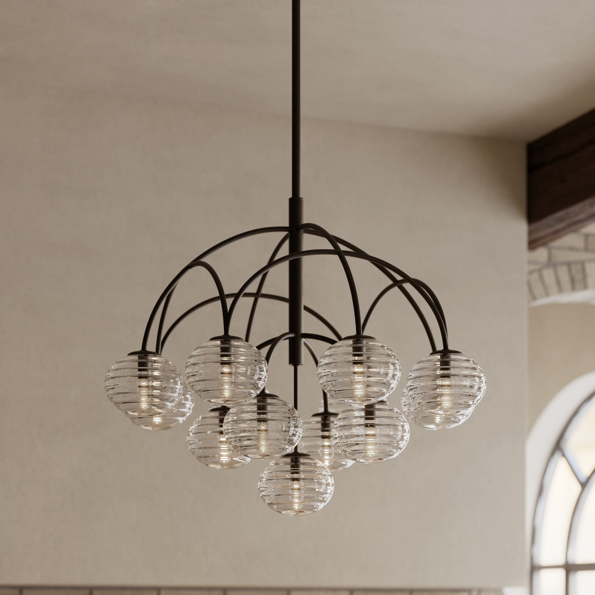 Metropolitan Lenora 34.25 in. 13-Light Chandelier, Dark Bronze with Clear Ribbed Glass