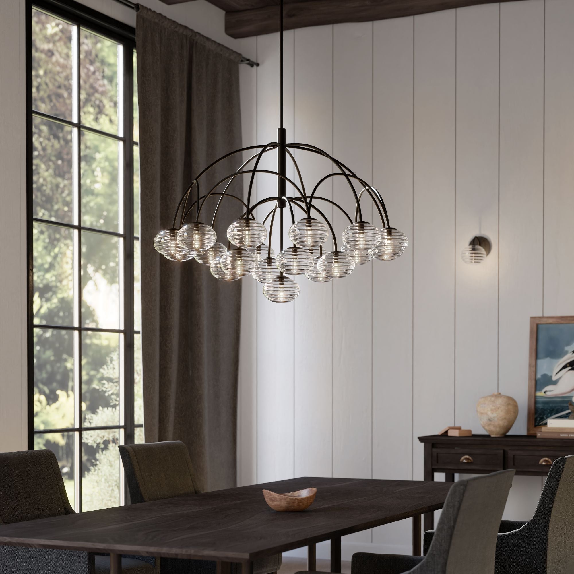 Metropolitan Lenora Chandelier, Dark Bronze with Clear Ribbed Glass