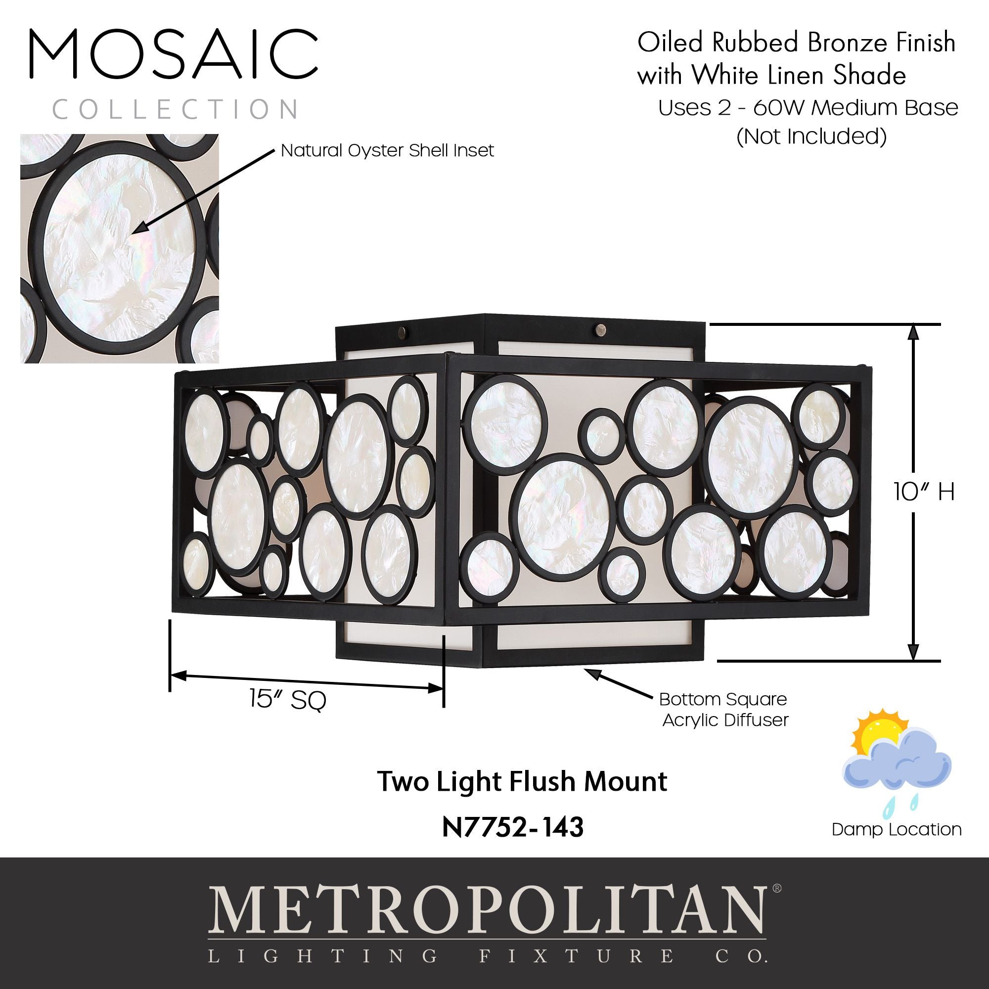 Mosaic 15" 2-Light Flush Mount, Oil Rubbed Bronze Finish