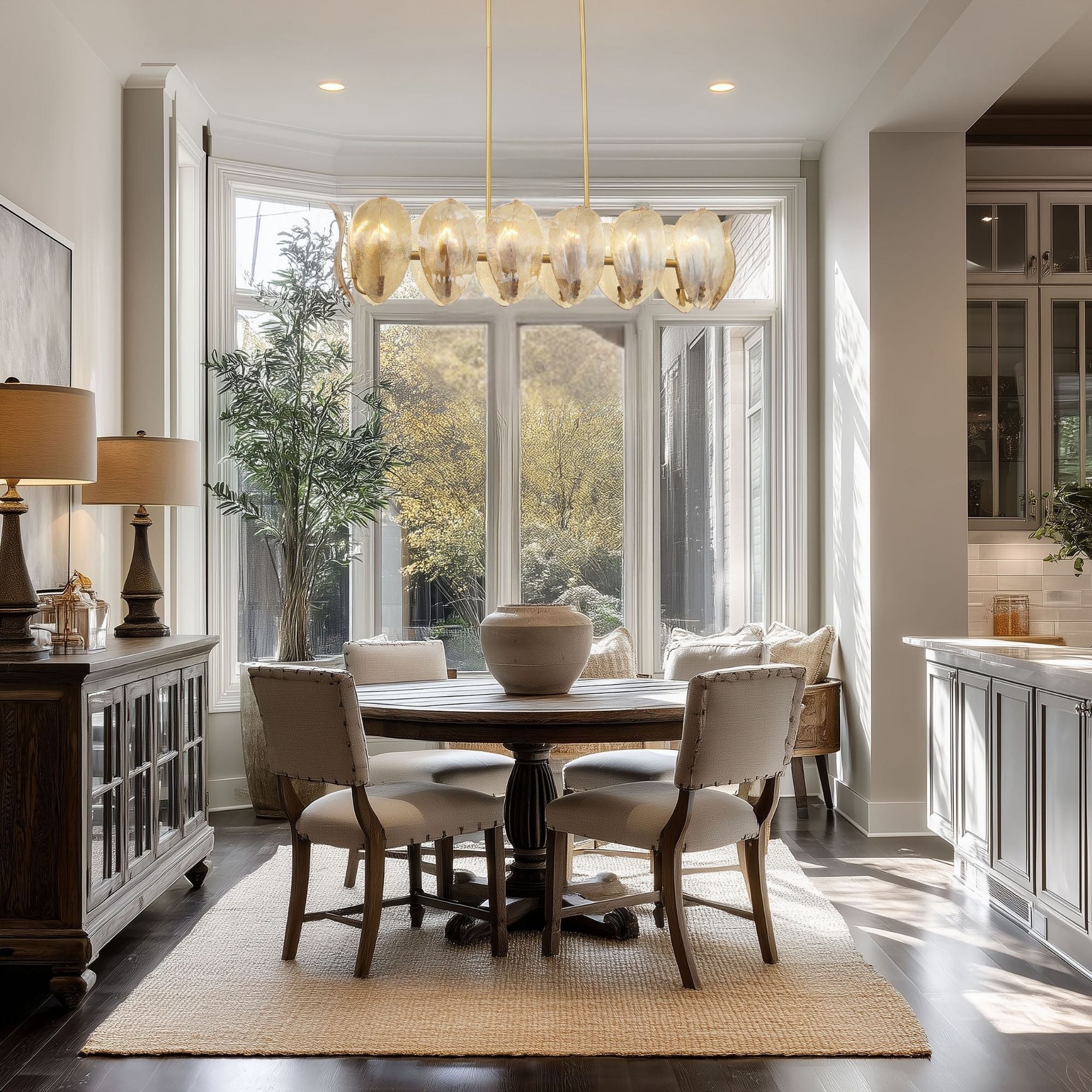 Metropolitan Orchid 48 in. 14-Light Island Pendant, Legacy Brass with Handmade Amber Glass