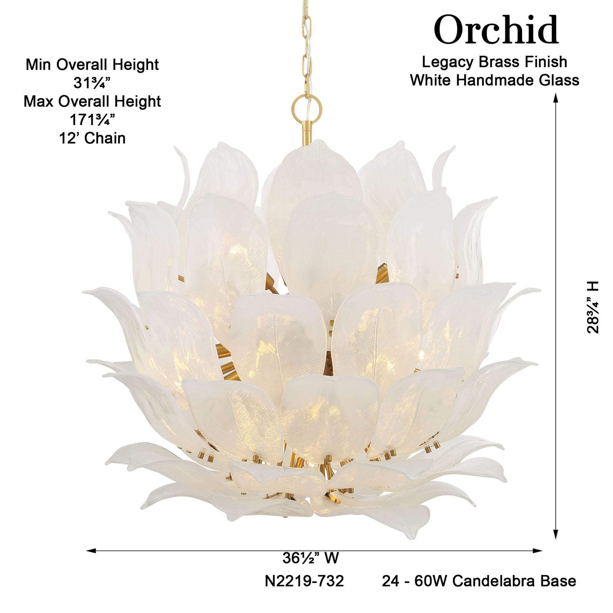 Metropolitan Orchid 36.5 in. 24-Light Pendant, Legacy Brass with Handmade Glass