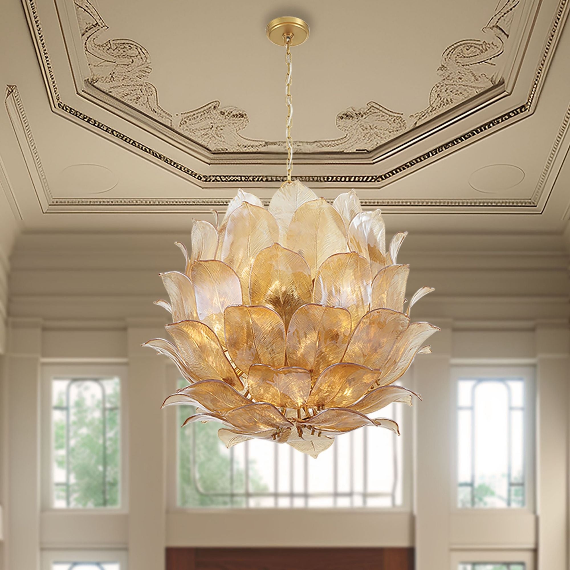 Metropolitan Orchid 35.5 in. 24-Light Pendant, Legacy Brass with Handmade Amber Glass