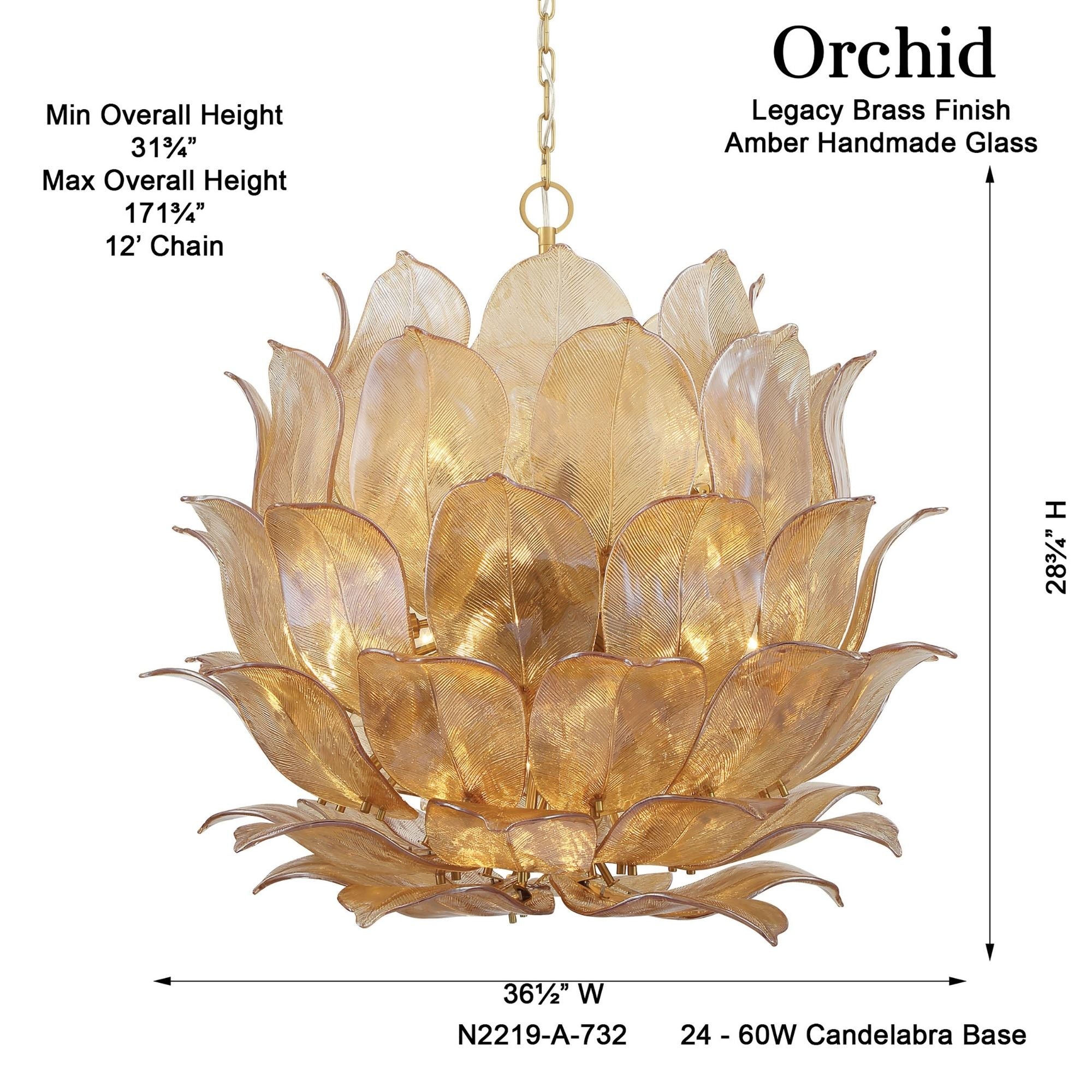 Metropolitan Orchid 35.5 in. 24-Light Pendant, Legacy Brass with Handmade Amber Glass