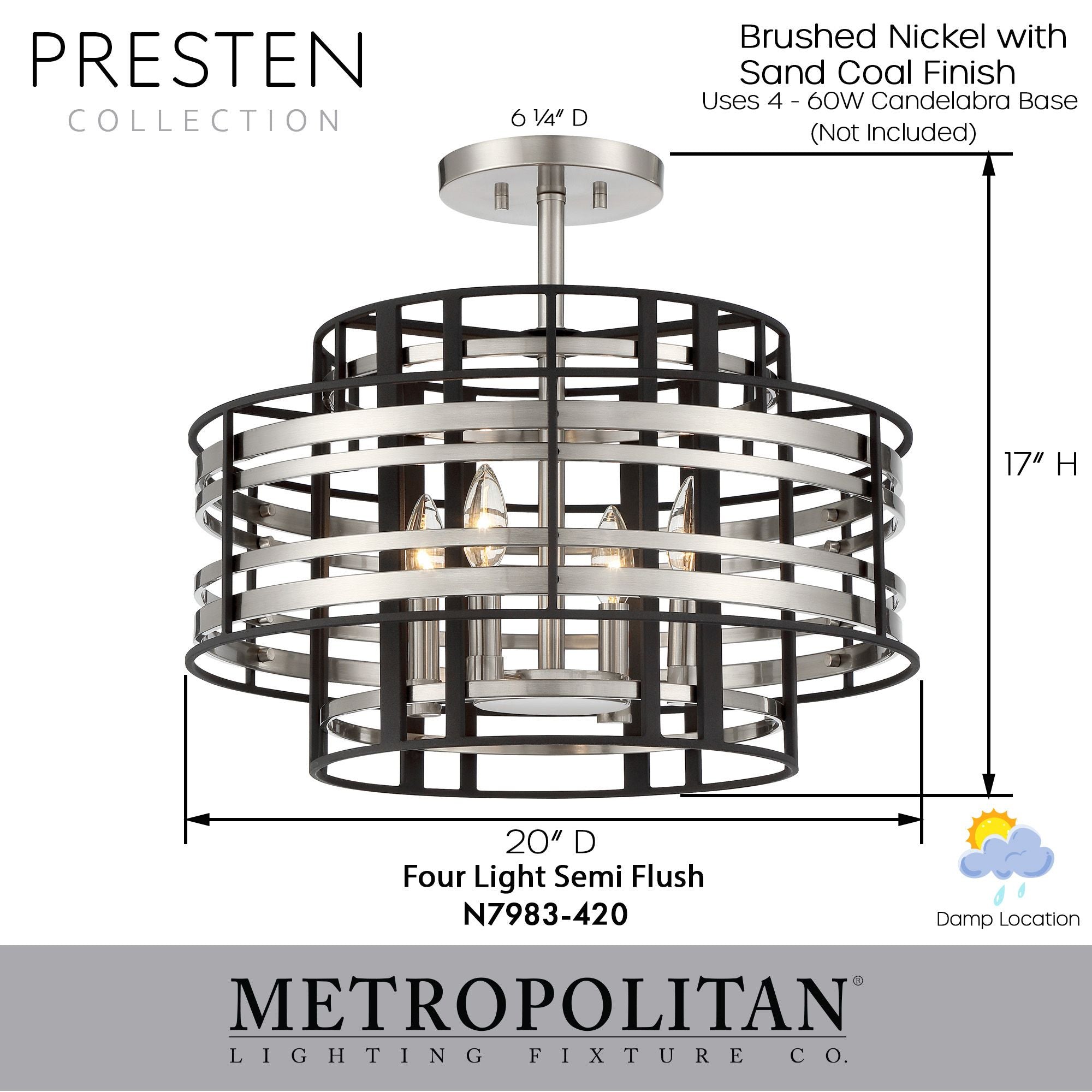 Presten 20" 4-Light Semi-Flush Mount, Brushed Nickel & Sand Coal Finish
