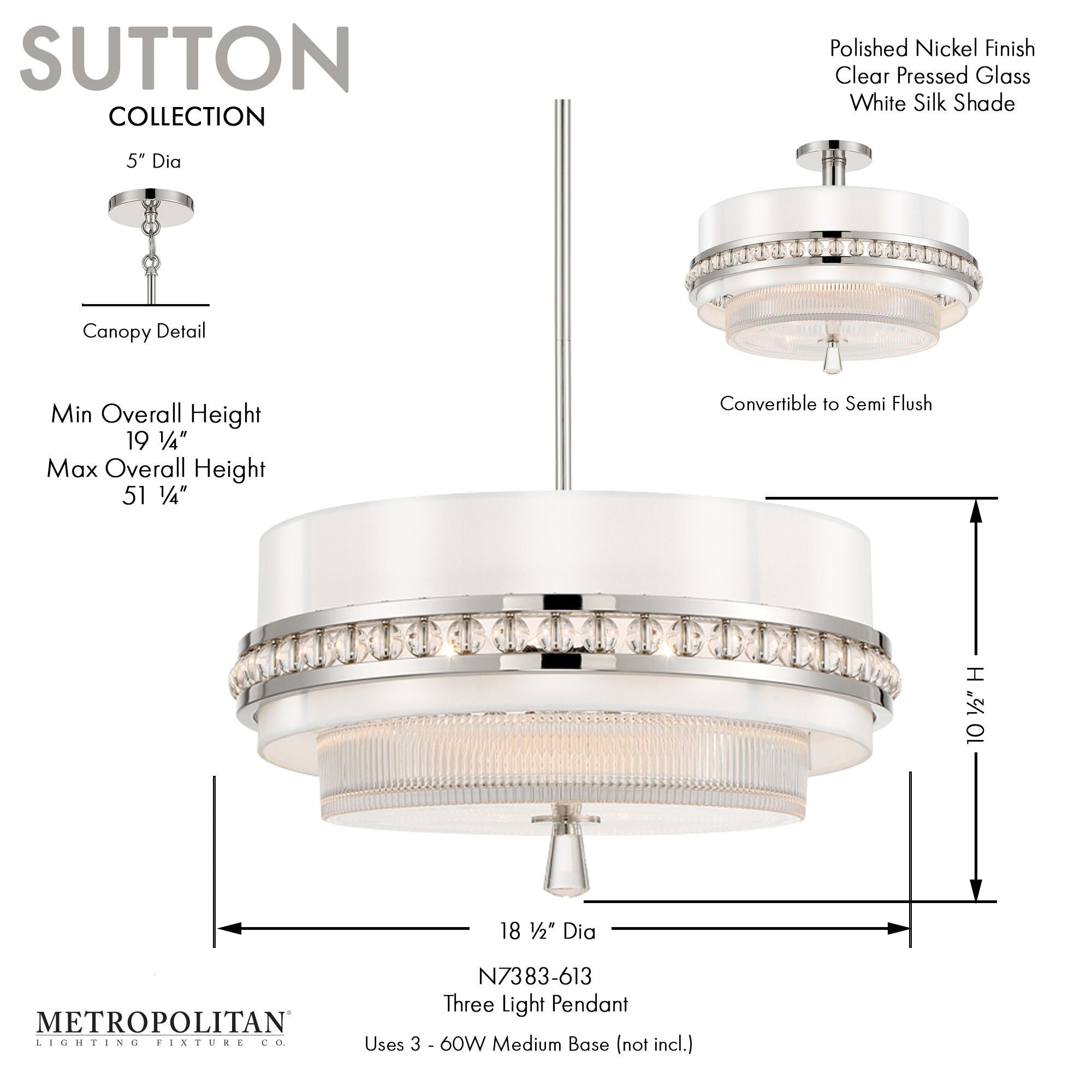 Sutton 18" 3-Light Semi Flush/Pendant, Polished Nickel Finish with White Silk Shade