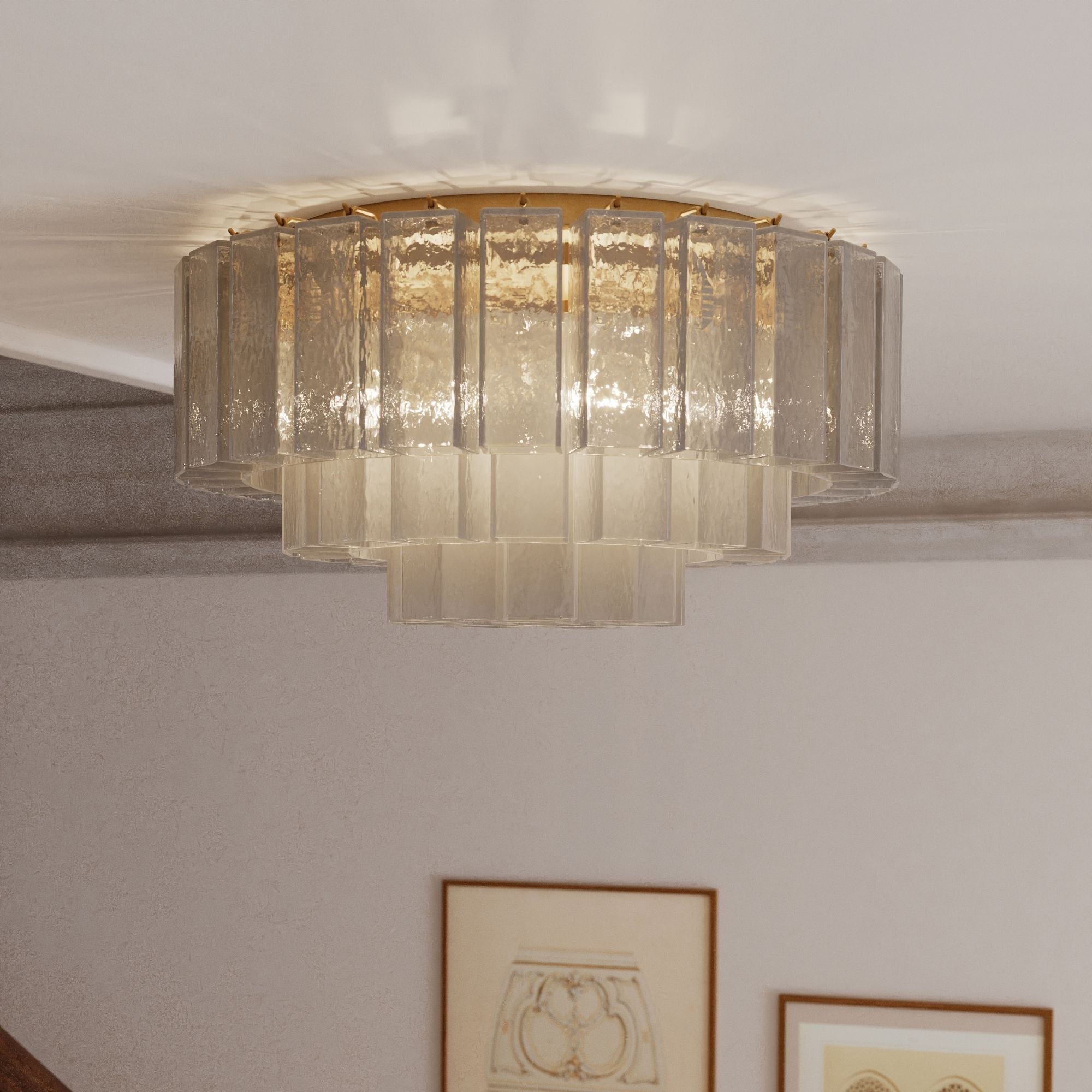 Metropolitan Torvento 28 in. 7-Light Flush Mount, Legacy Brass & Grey Smoke with Art Glass