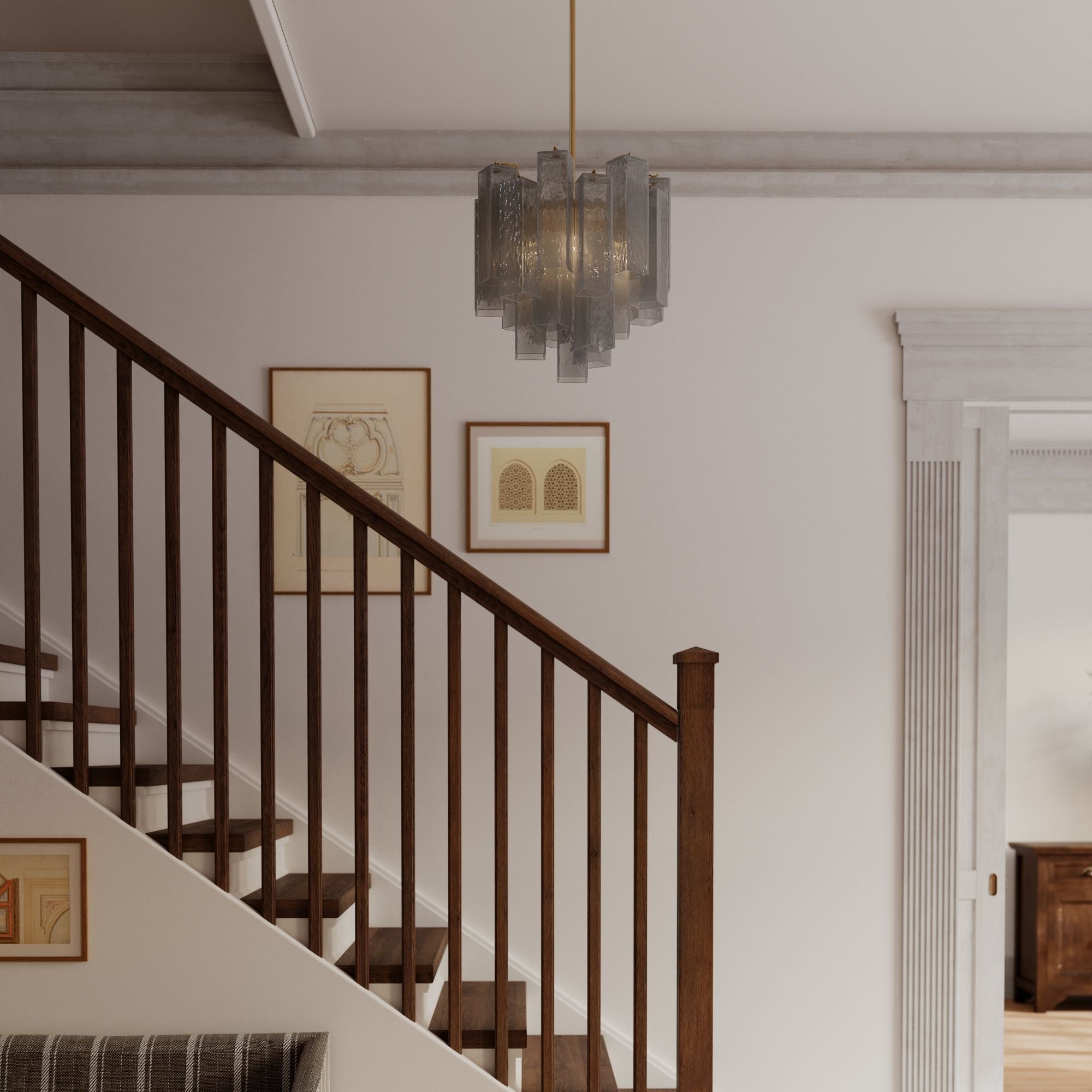 Metropolitan Torvento 17.75 in. 6-Light Pendant, Legacy Brass & Grey Smoke with Art Glass