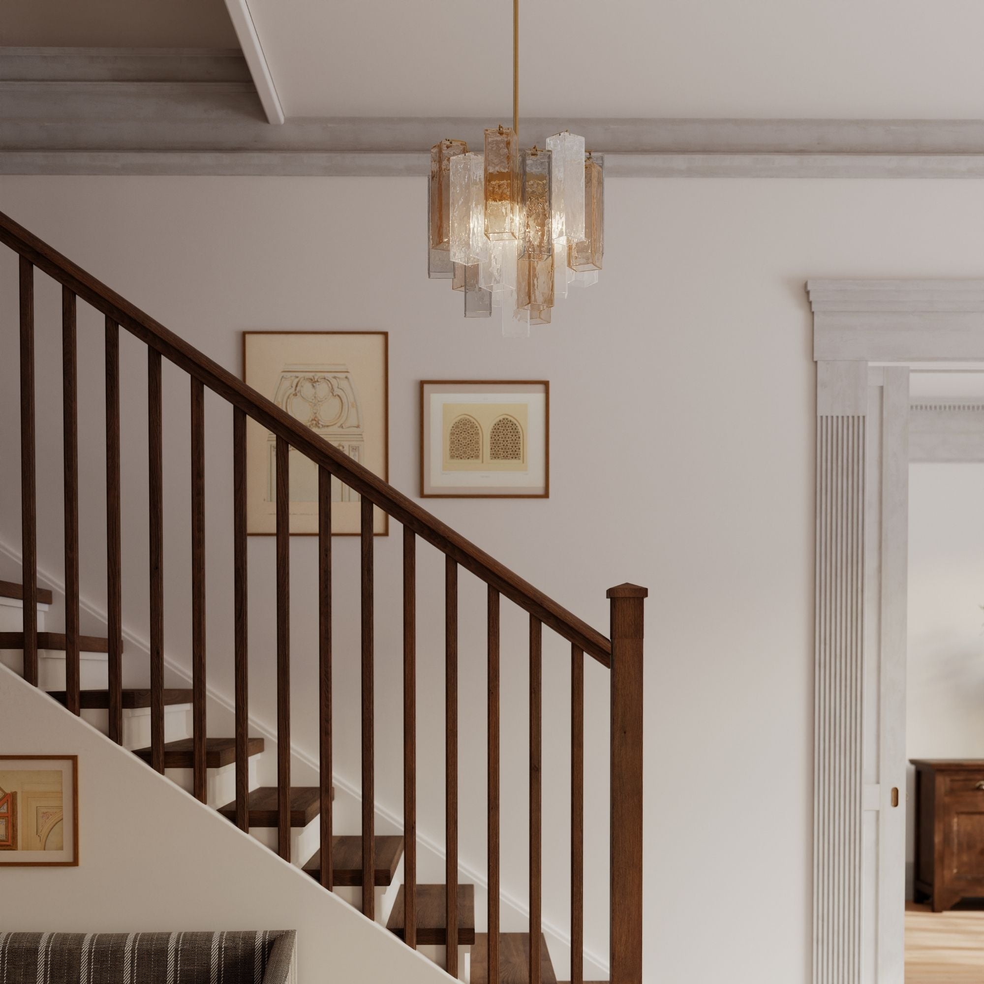 Metropolitan Torvento 17.75 in. 6-Light Pendant, Legacy Brass with Clear, Grey, and Amber Art Glass