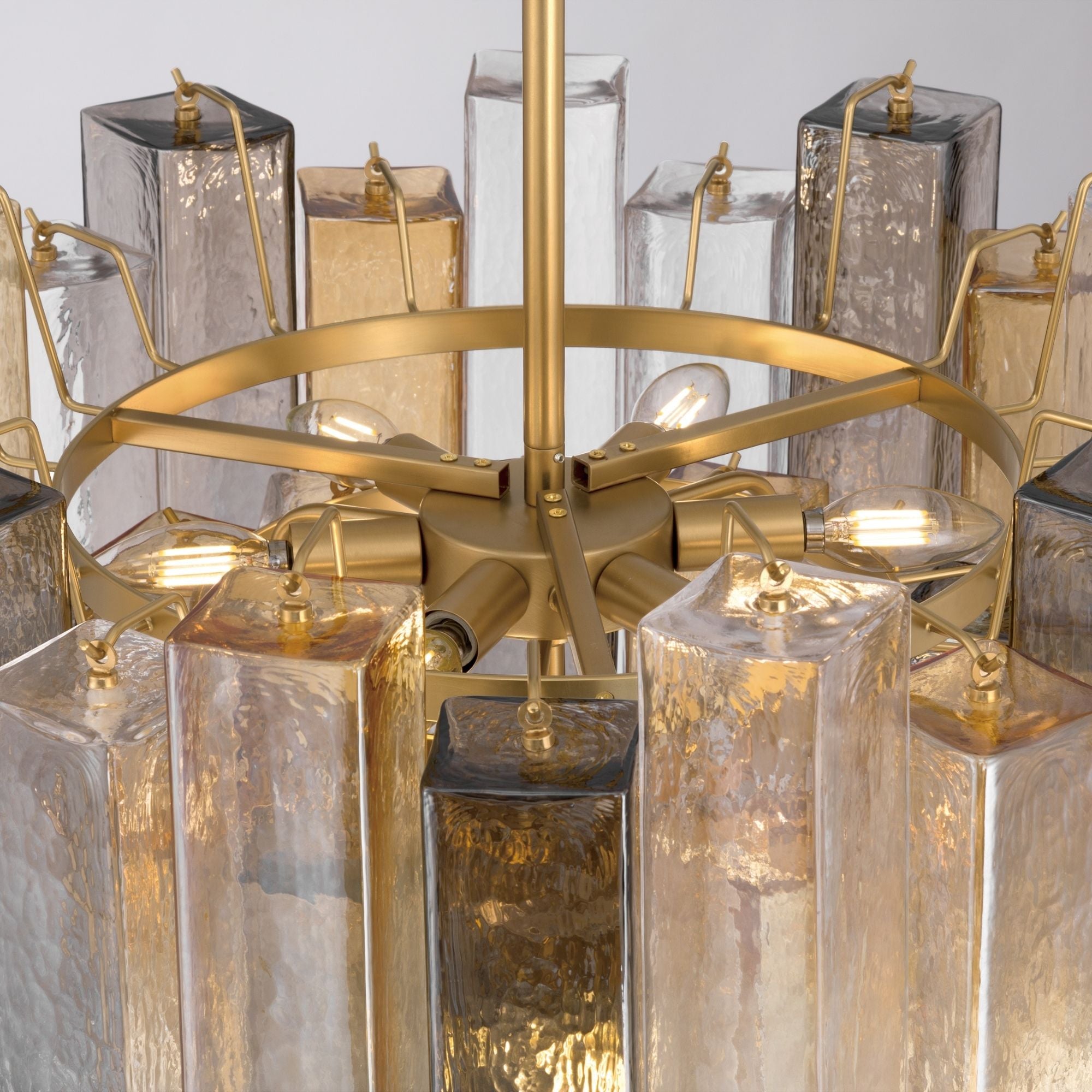 Metropolitan Torvento 25.25 in. 9-Light Pendant, Legacy Brass with Clear, Grey & Amber Art Glass