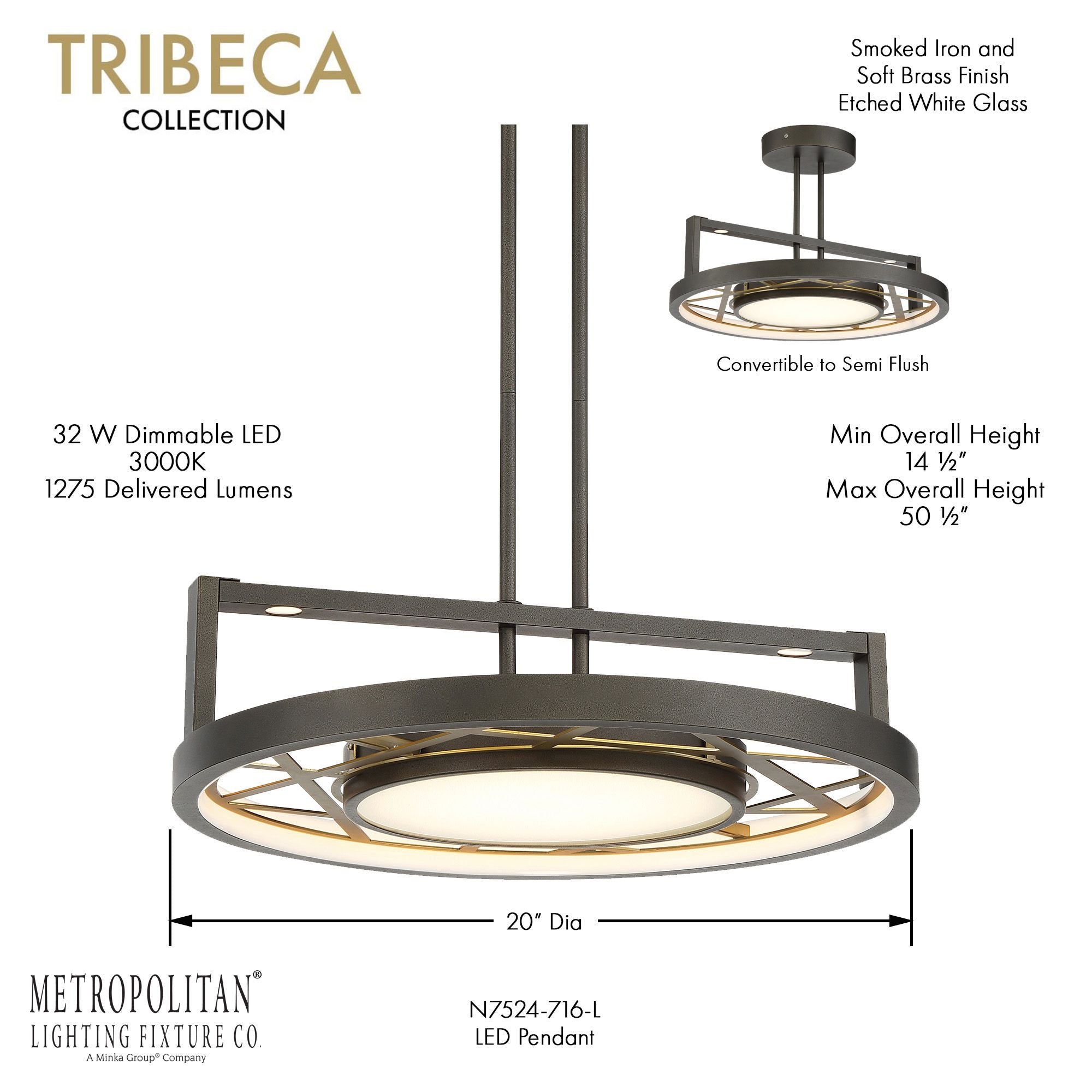 Tribeca 20" LED Semi Flush/Pendant, Smoked Iron & Soft Brass Finish