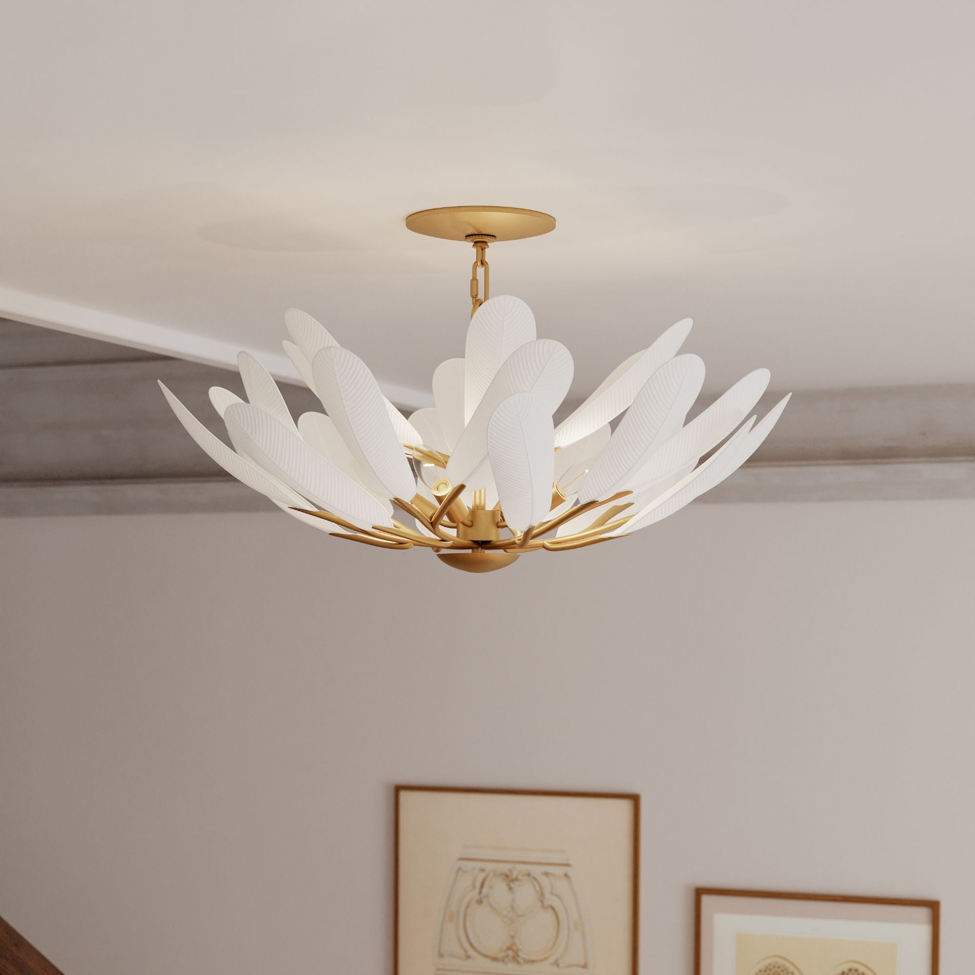 Metropolitan Vellinor 28 in. 4-Light Semi-Flush Mount, Painted Legacy Brass & White