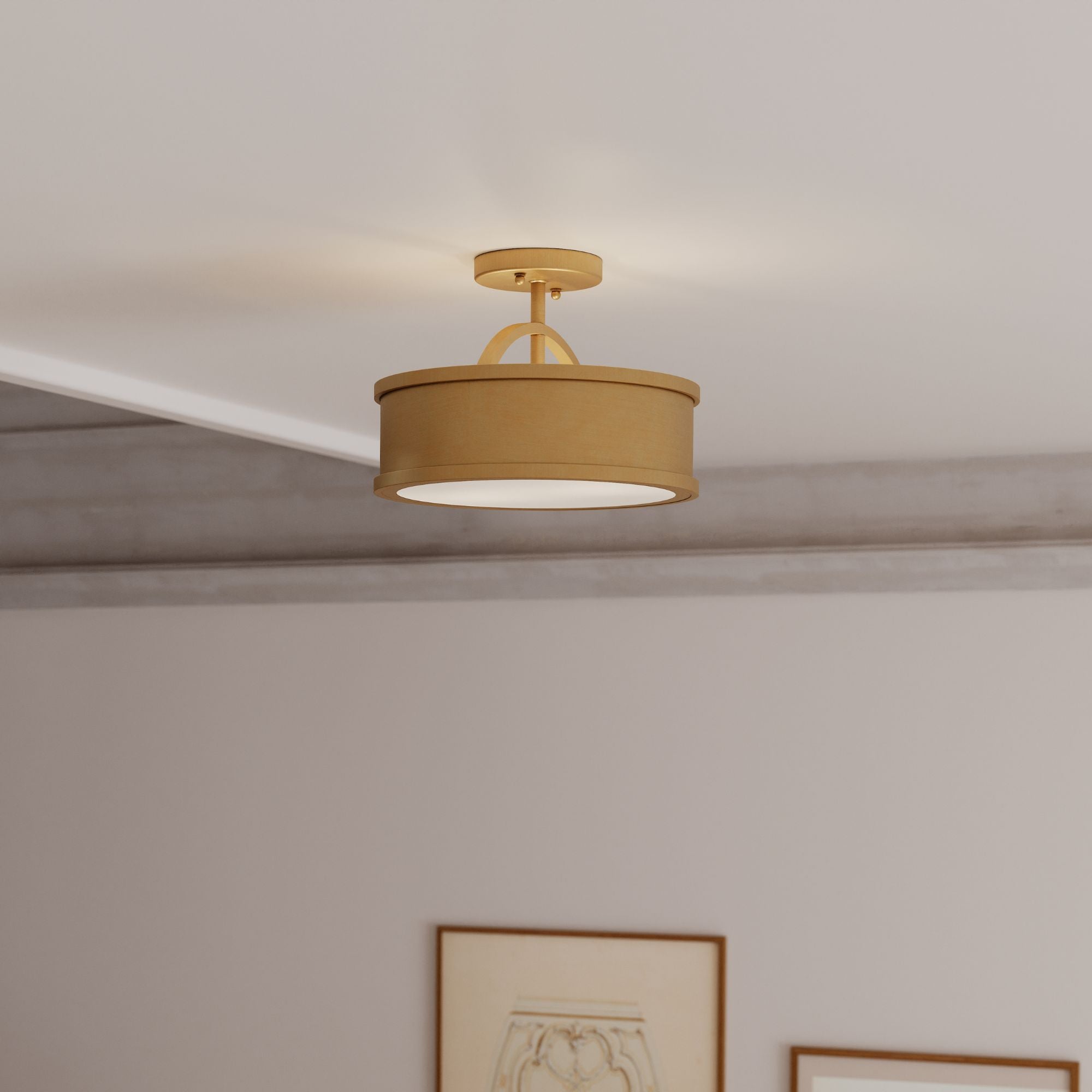 Metropolitan Wynn 12 in. 2-Light Semi-Flush Mount, Legacy Brass with Alabaster Stone Drum Shade