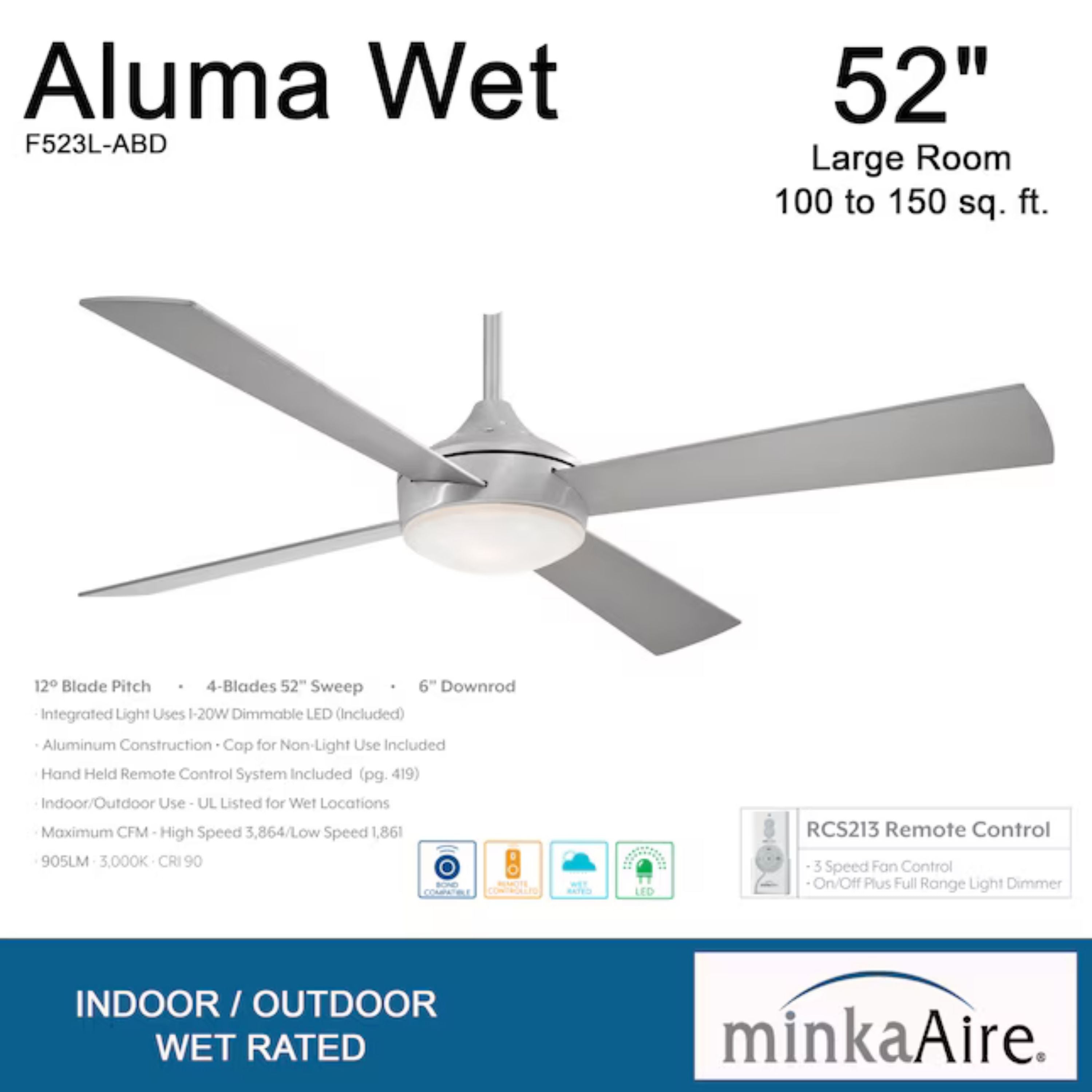 Aluma Wet 52" Aluminum LED Ceiling Fan with Remote