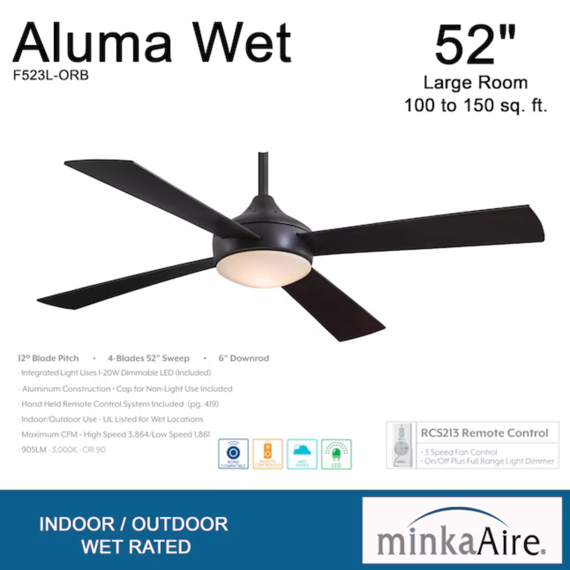 Minka Aire - Aluma Wet 52" Bronze LED Ceiling Fan with Remote | Bees Lighting