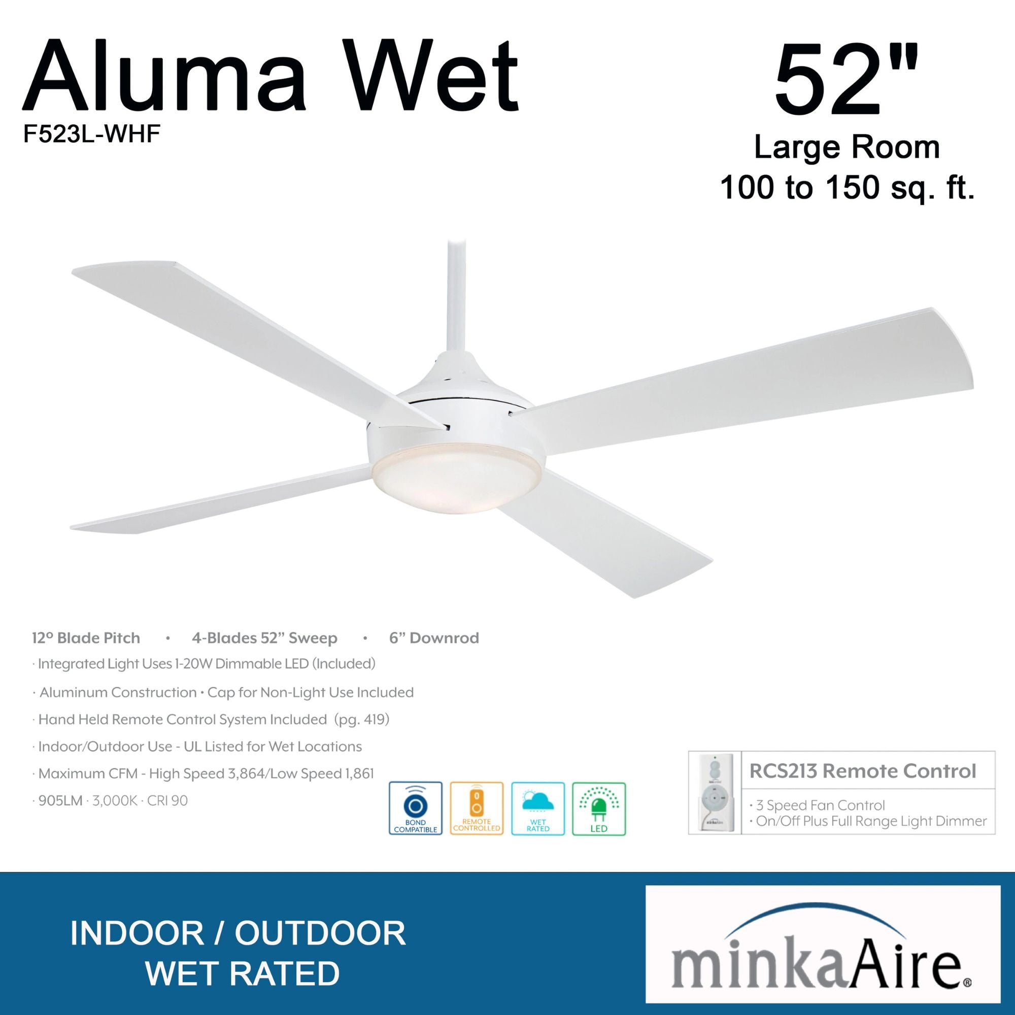 Minka Aire - Aluma Wet 52" White LED Ceiling Fan with Remote | Bees Lighting