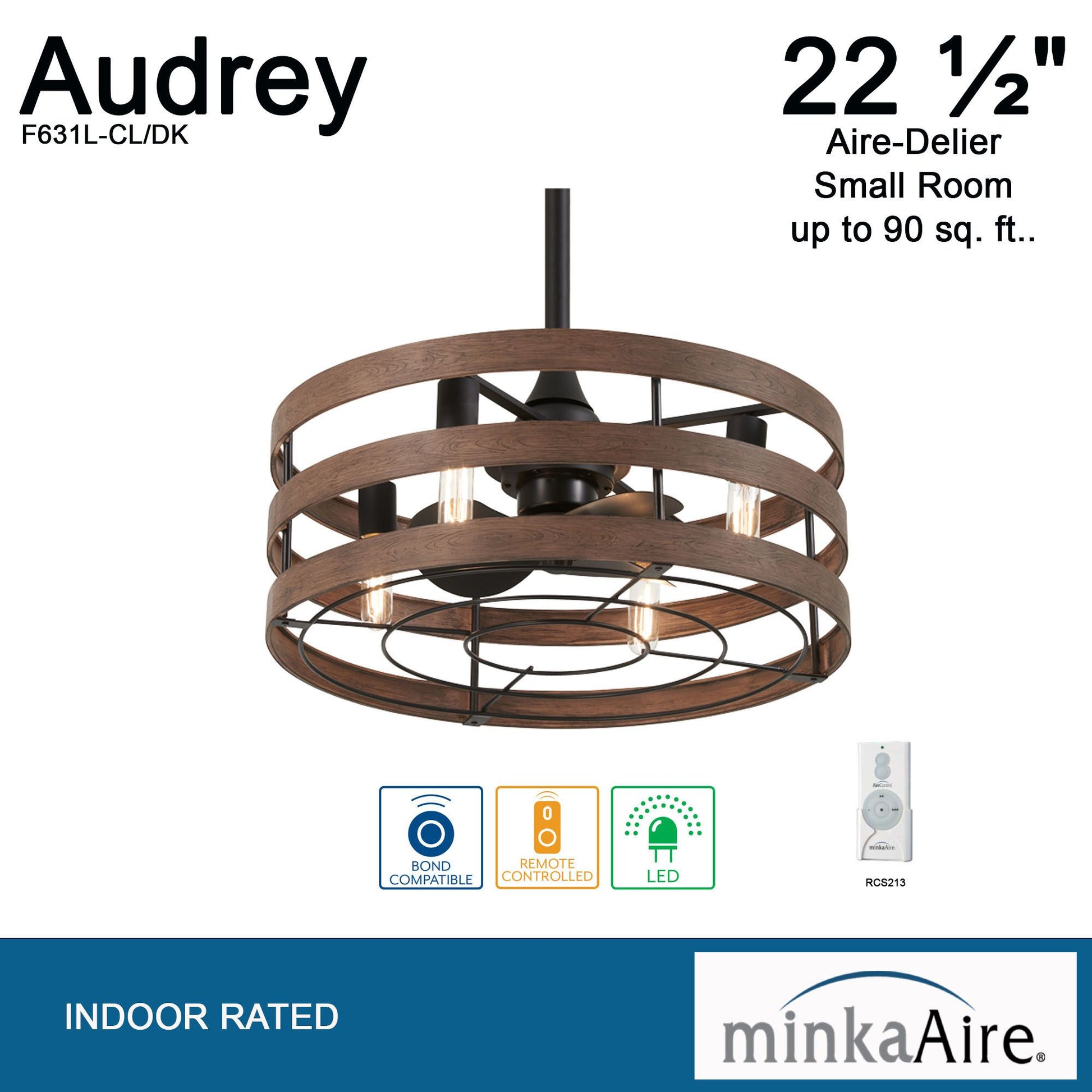 Audrey 22.5" LED Chandelier Ceiling Fan, Black Coal with Distressed Koa Blades - Bees Lighting