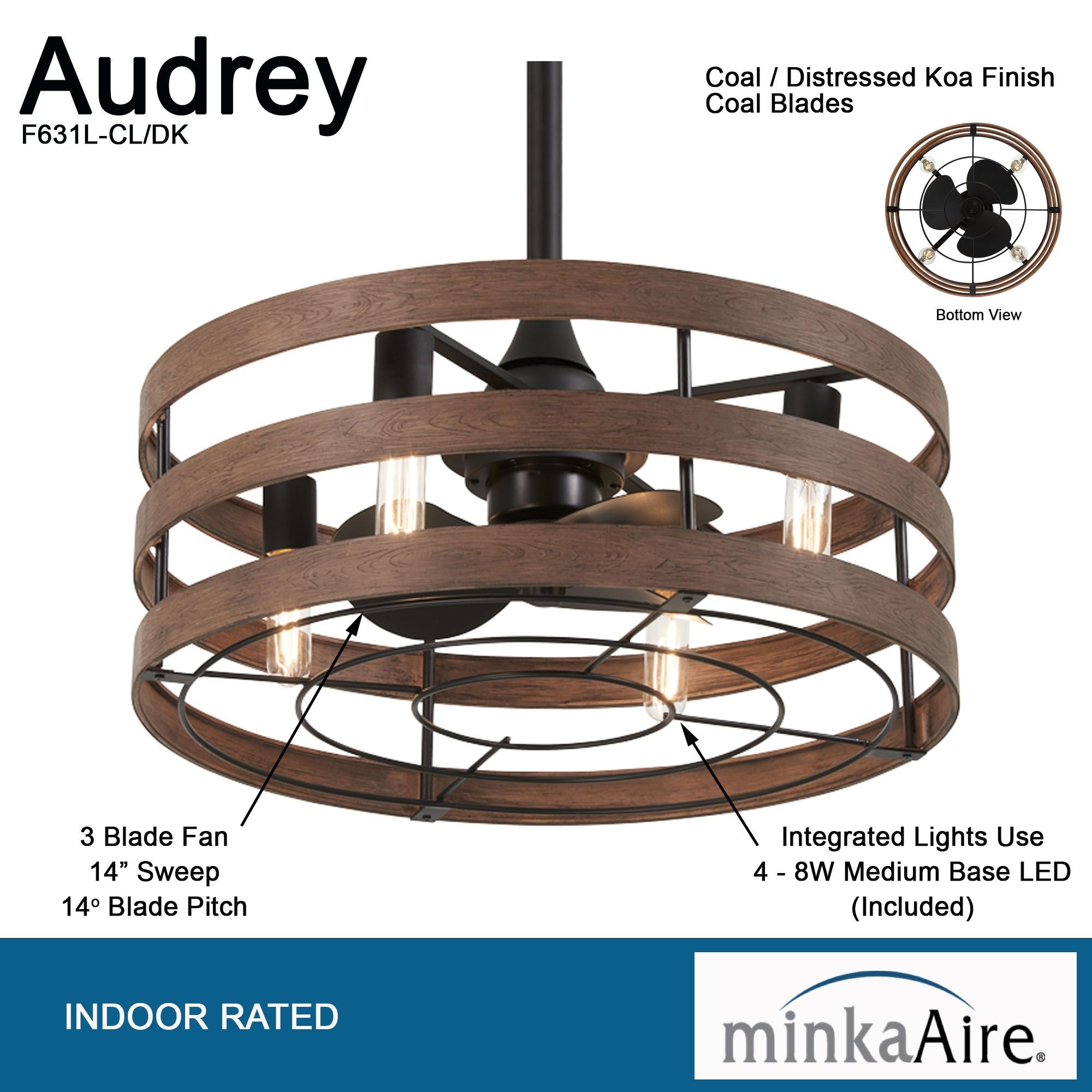Audrey 22.5" LED Chandelier Ceiling Fan, Black Coal with Distressed Koa Blades - Bees Lighting