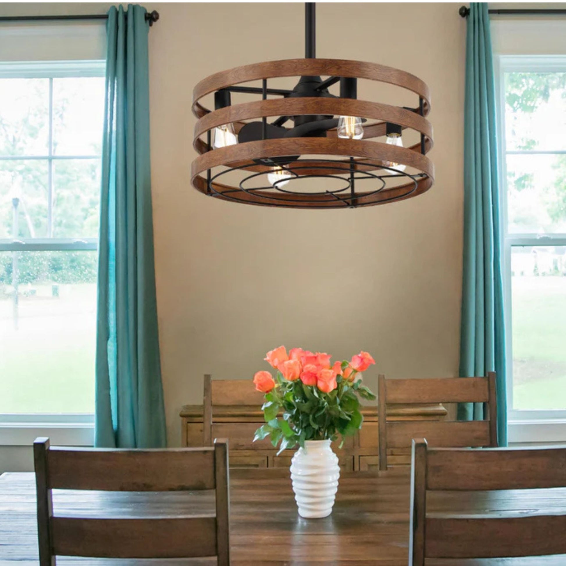 Audrey 22.5" LED Chandelier Ceiling Fan, Black Coal with Distressed Koa Blades - Bees Lighting
