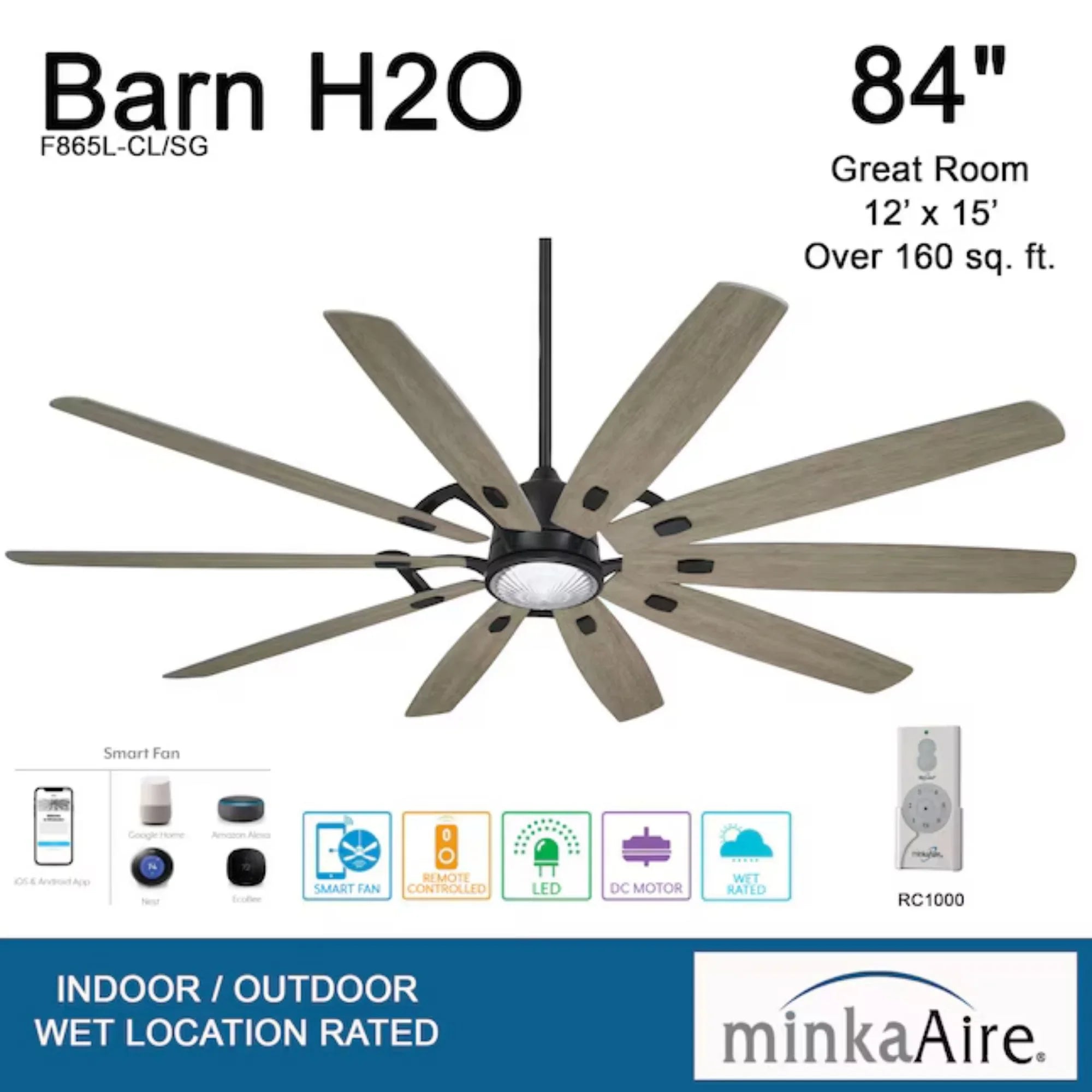 Barn H20 84" LED Outdoor Smart Ceiling Fan with Remote, Black Coal