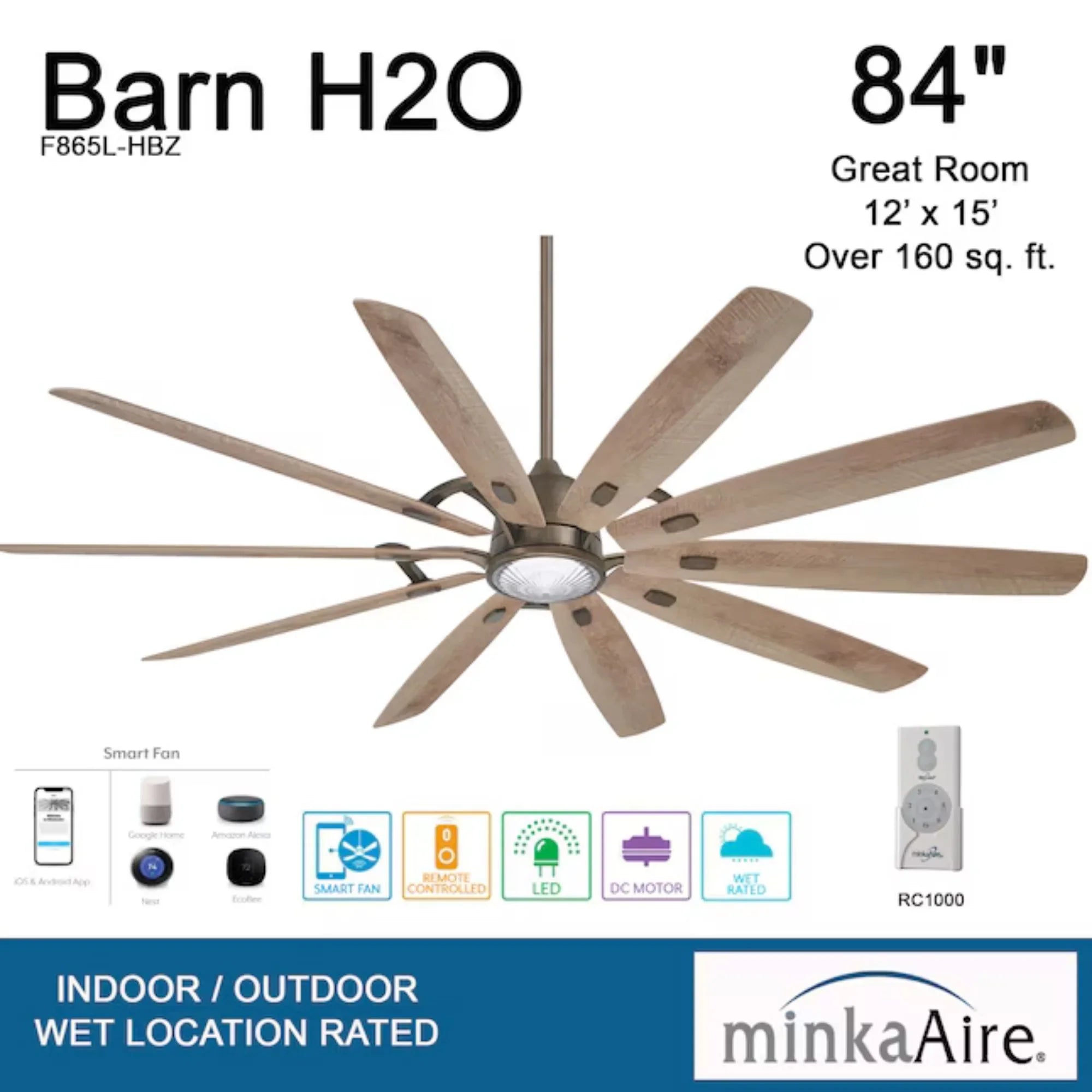 Barn H20 84" LED Outdoor Smart Ceiling Fan with Remote, Heirloom Bronze
