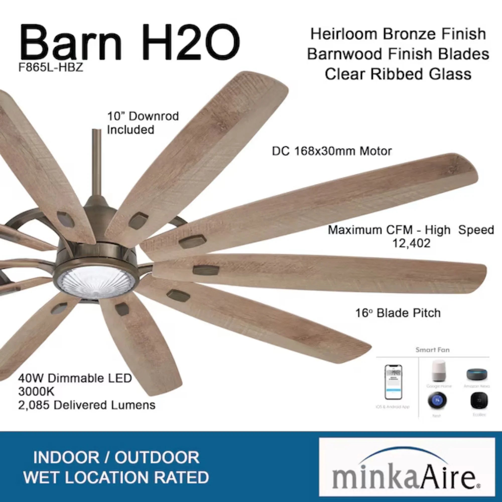 Barn H20 84" LED Outdoor Smart Ceiling Fan with Remote, Heirloom Bronze