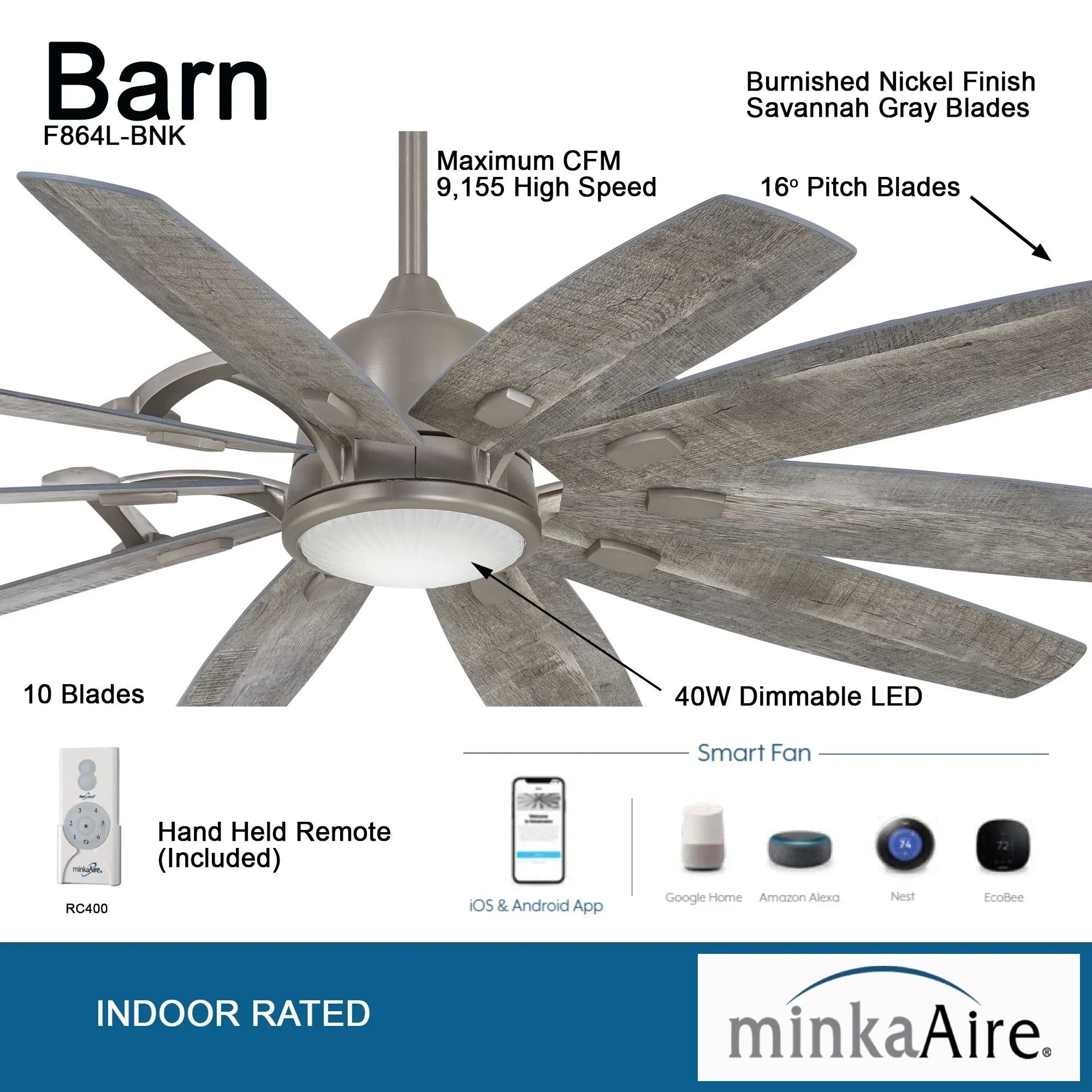 Barn 65" LED Smart Ceiling Fan with Remote, Burnished Nickel