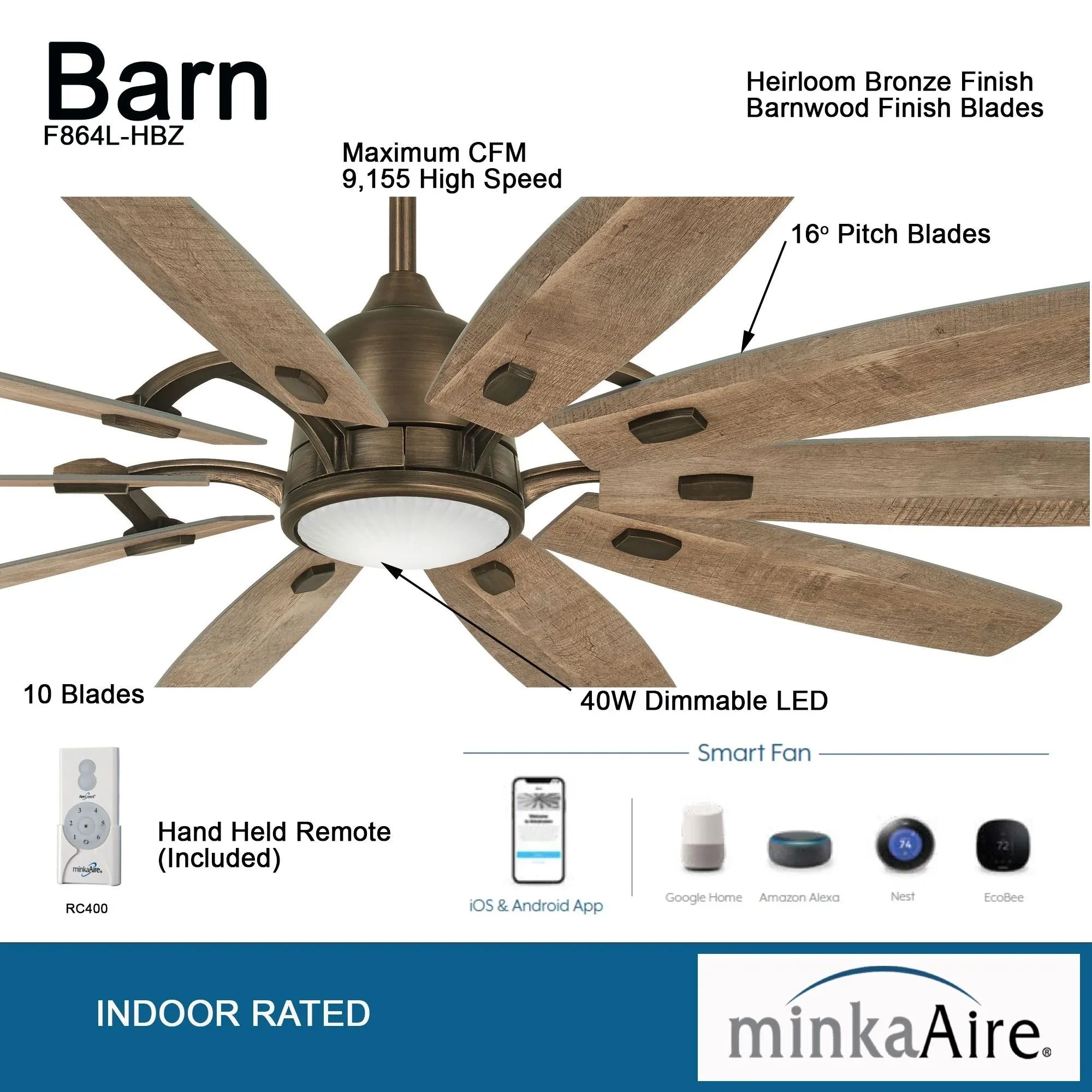 Barn 65" LED Smart Ceiling Fan with Remote, Heirloom Bronze