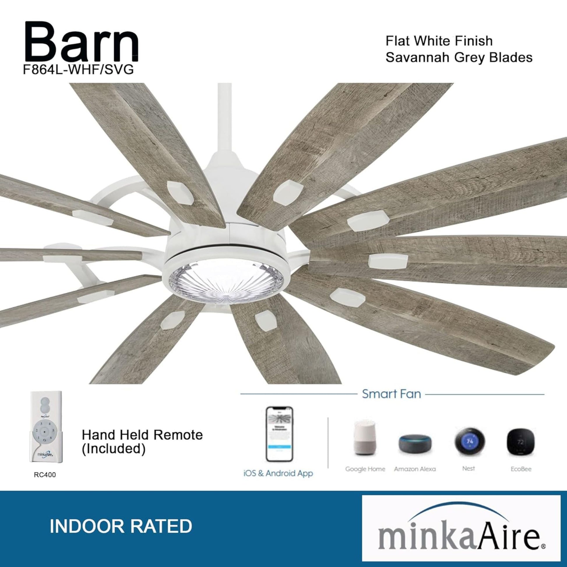 Barn 65" LED Smart Ceiling Fan with Remote, Flat White - Bees Lighting