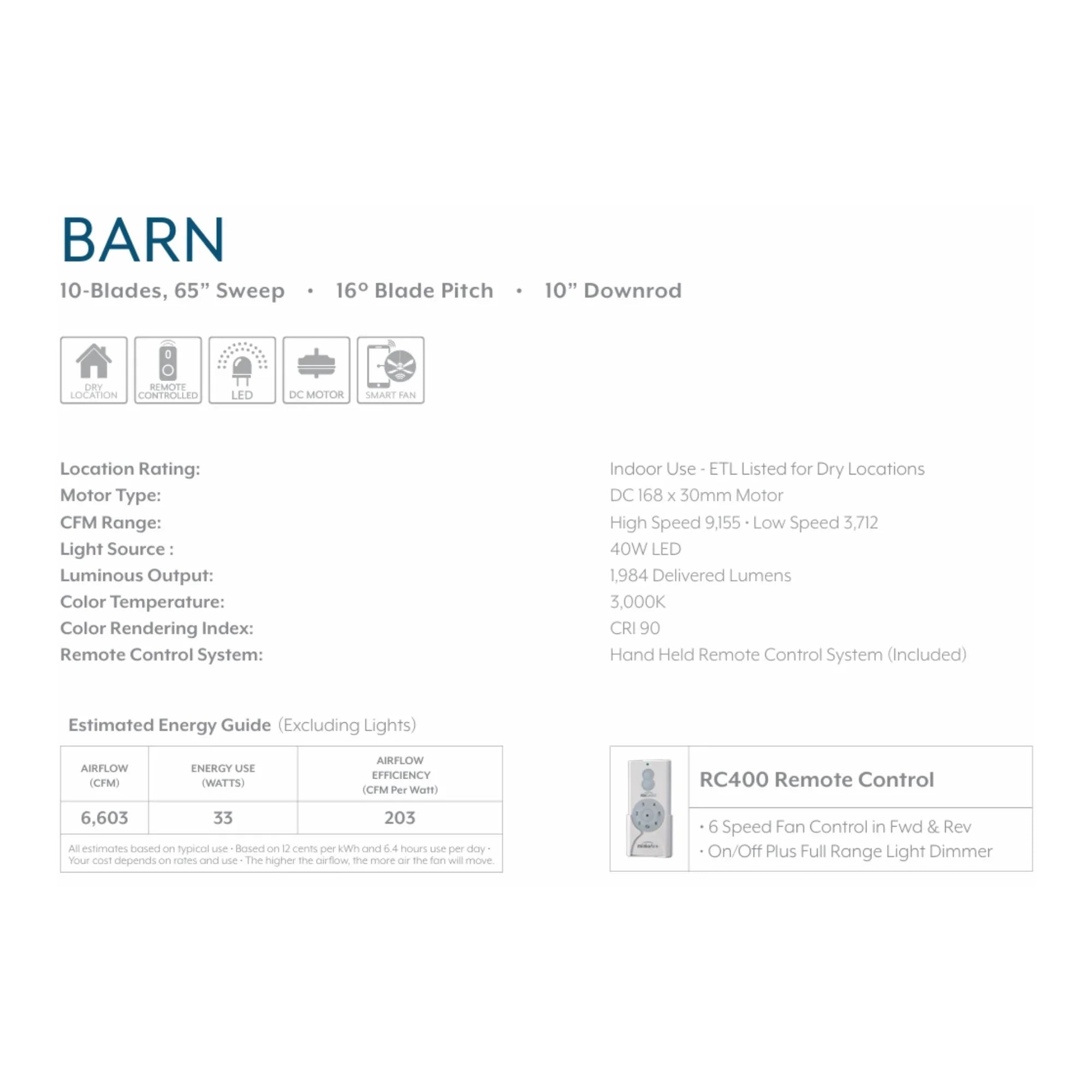 Barn 65" LED Smart Ceiling Fan with Remote, Flat White