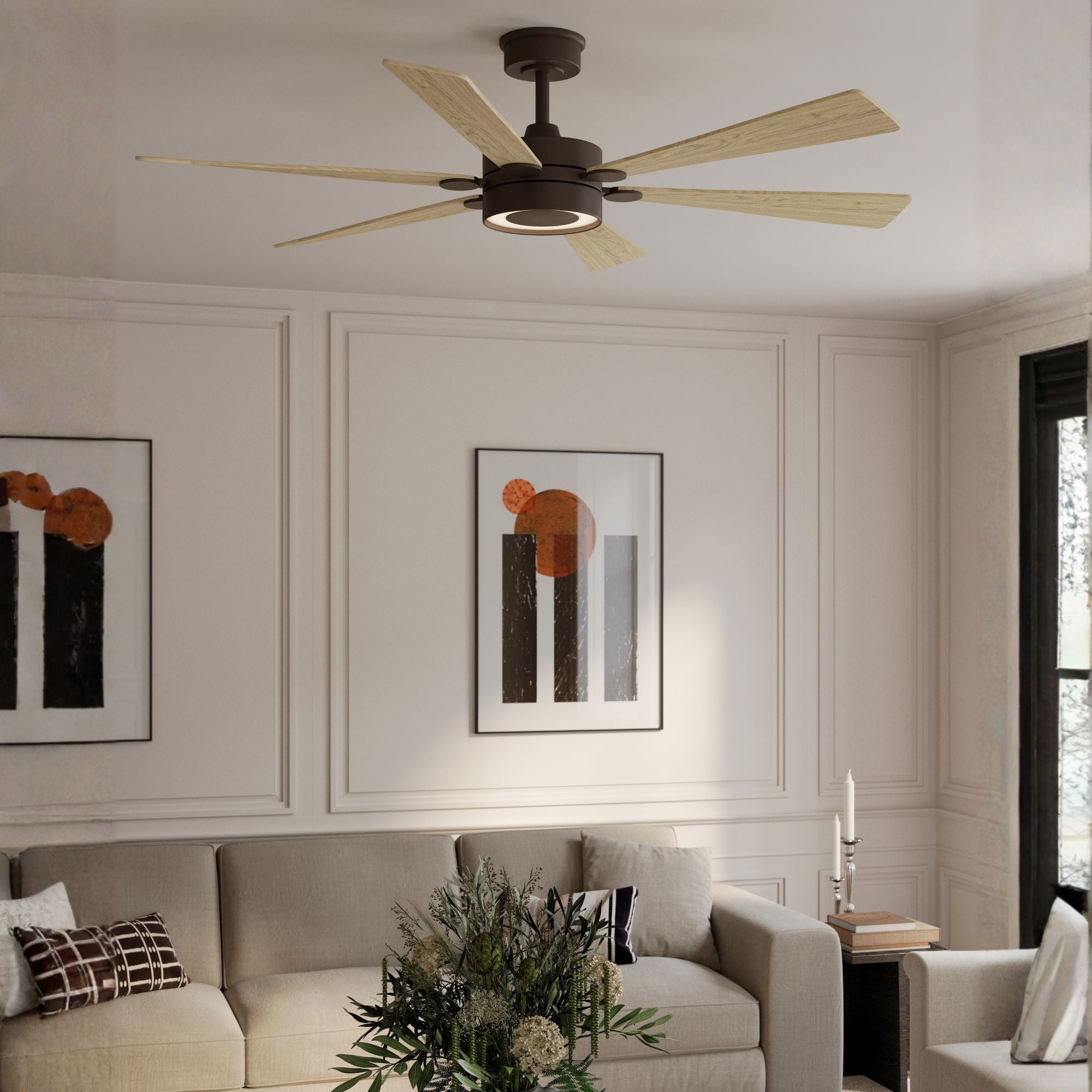 Brenix 60" 5-CCT LED Smart Ceiling Fan, Dark Bronze with White Oak Blades