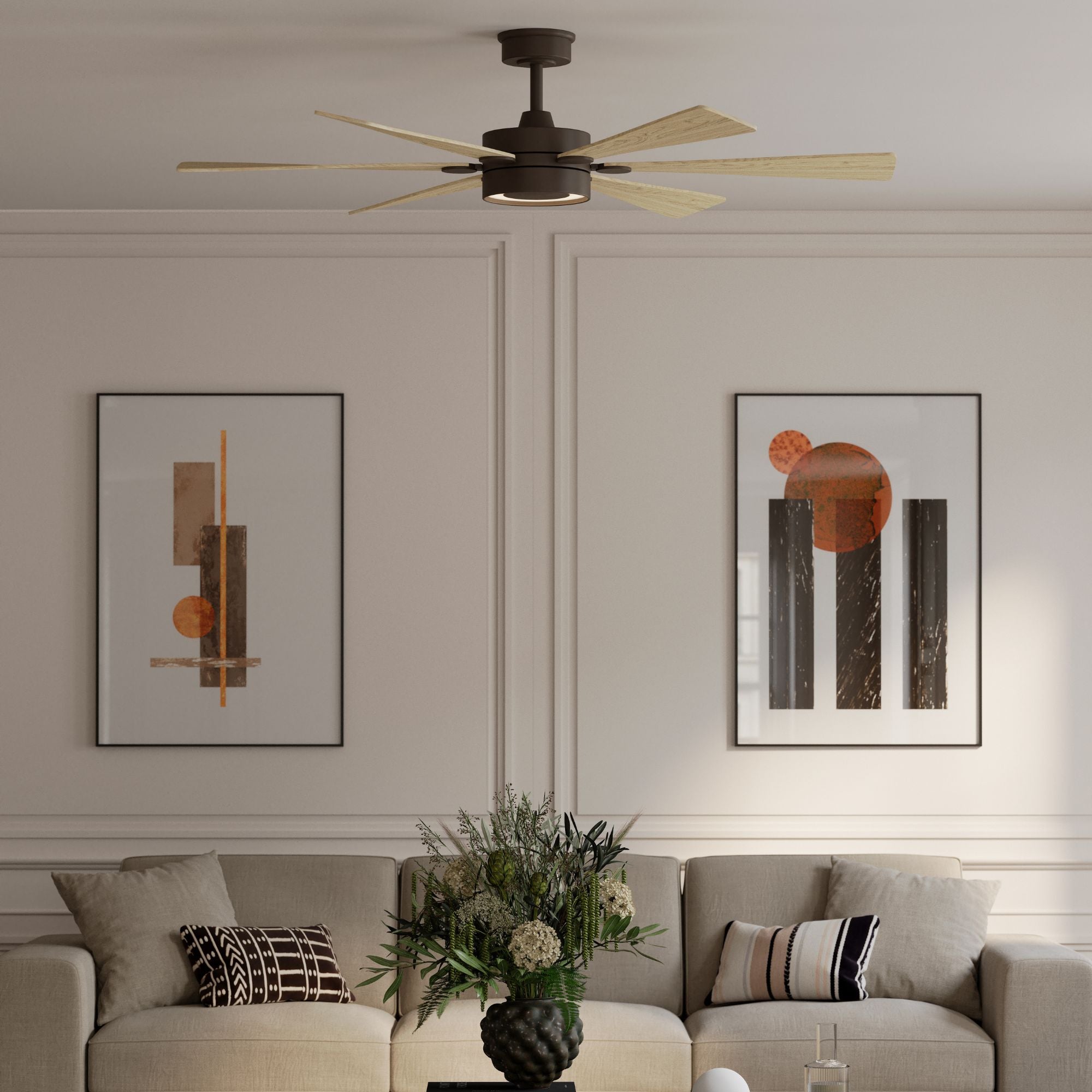 Brenix 60" 5-CCT LED Smart Ceiling Fan, Dark Bronze with White Oak Blades
