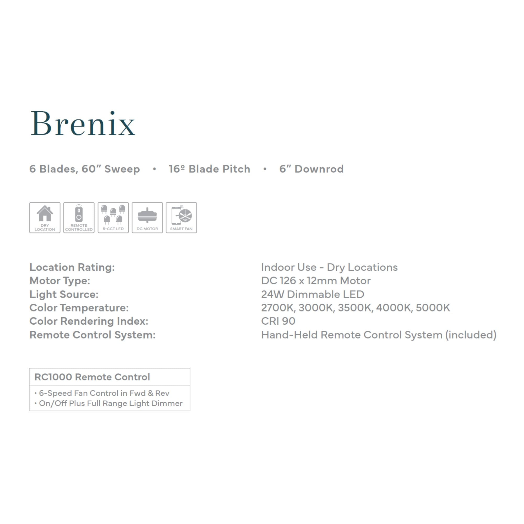 Brenix 60" 5-CCT LED Smart Ceiling Fan, Heritage Brass with Coal Blades