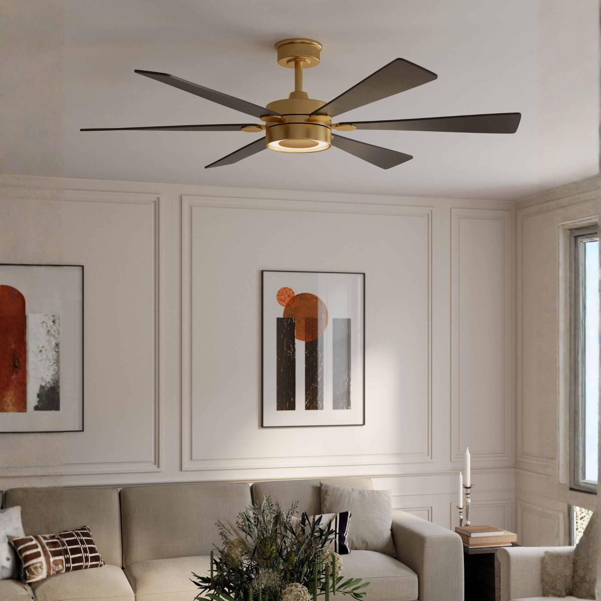 Brenix 60" 5-CCT LED Smart Ceiling Fan, Heritage Brass with Coal Blades