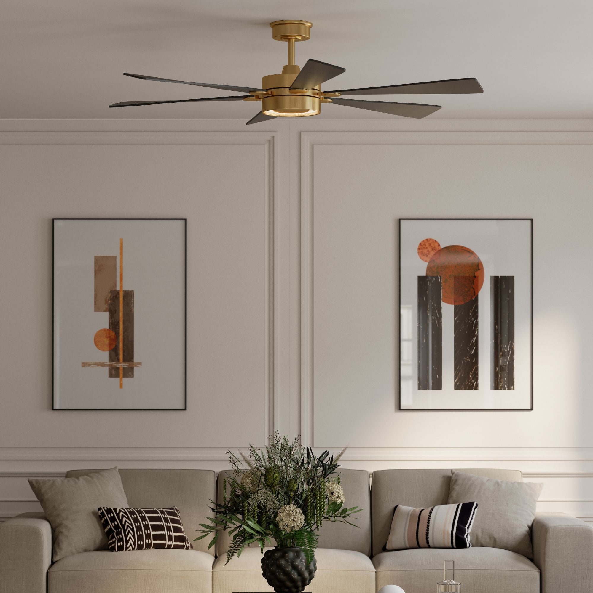 Brenix 60" 5-CCT LED Smart Ceiling Fan, Heritage Brass with Coal Blades