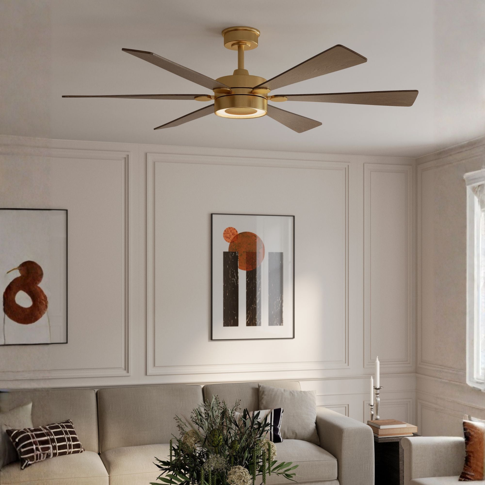 Brenix 60" 5-CCT LED Smart Ceiling Fan, Heritage Brass with Dark Oak Blades