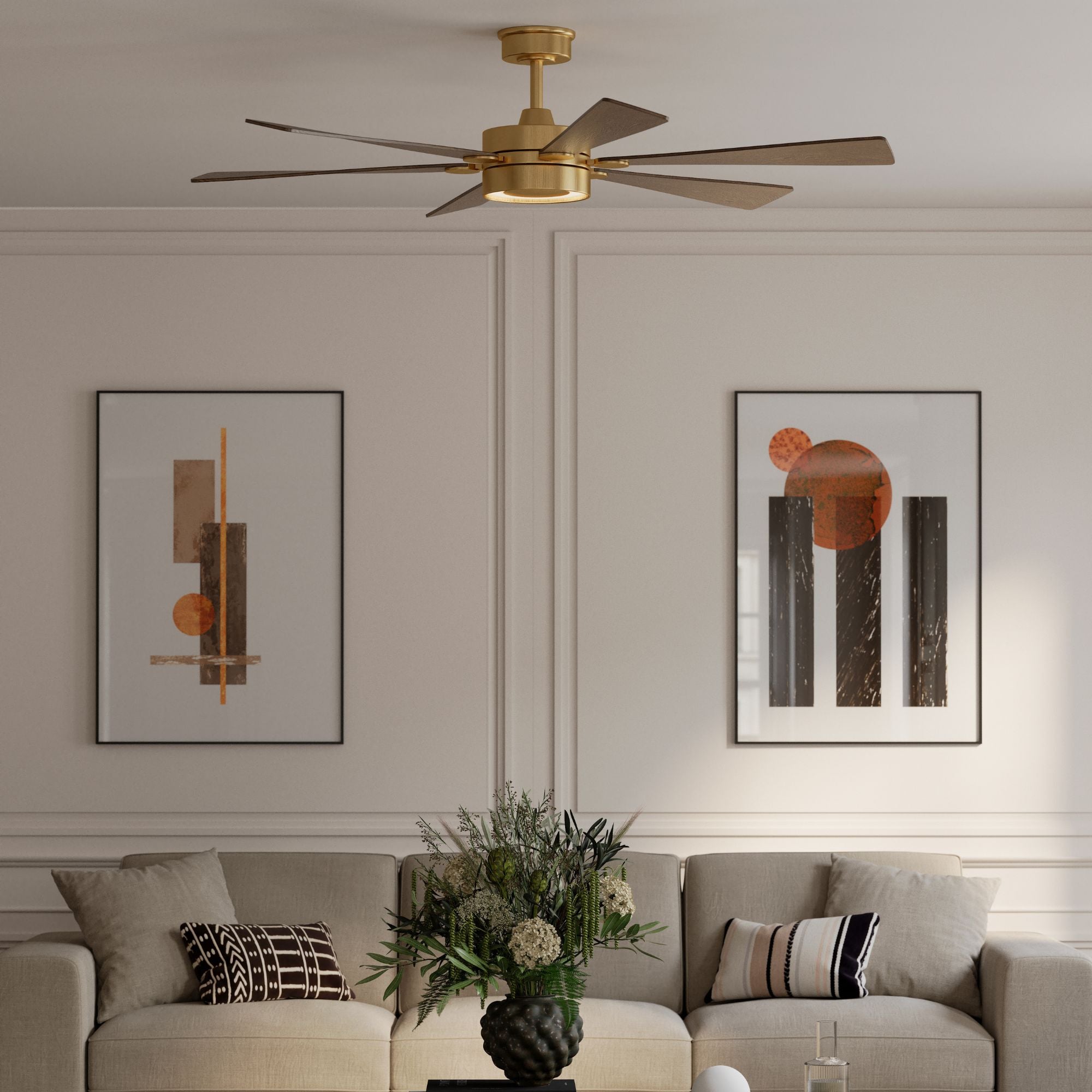 Brenix 60" 5-CCT LED Smart Ceiling Fan, Heritage Brass with Dark Oak Blades