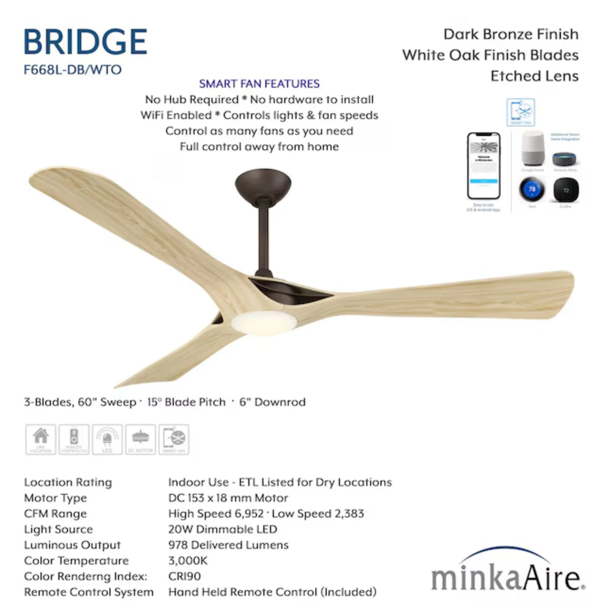 Bridge Fans Minka Aire Bridge F668L-DB/WTO 60