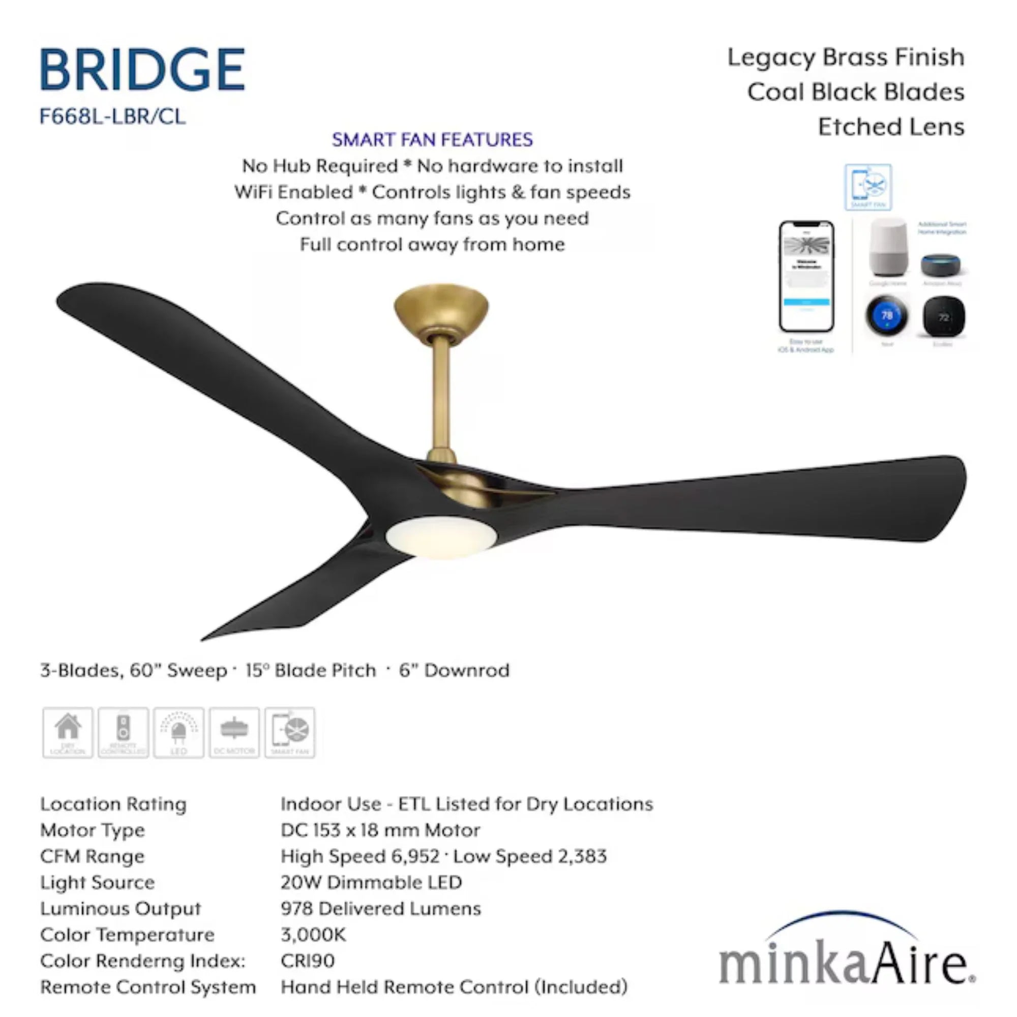 Bridge 60" Brass & Black Coal LED Smart Ceiling Fan
