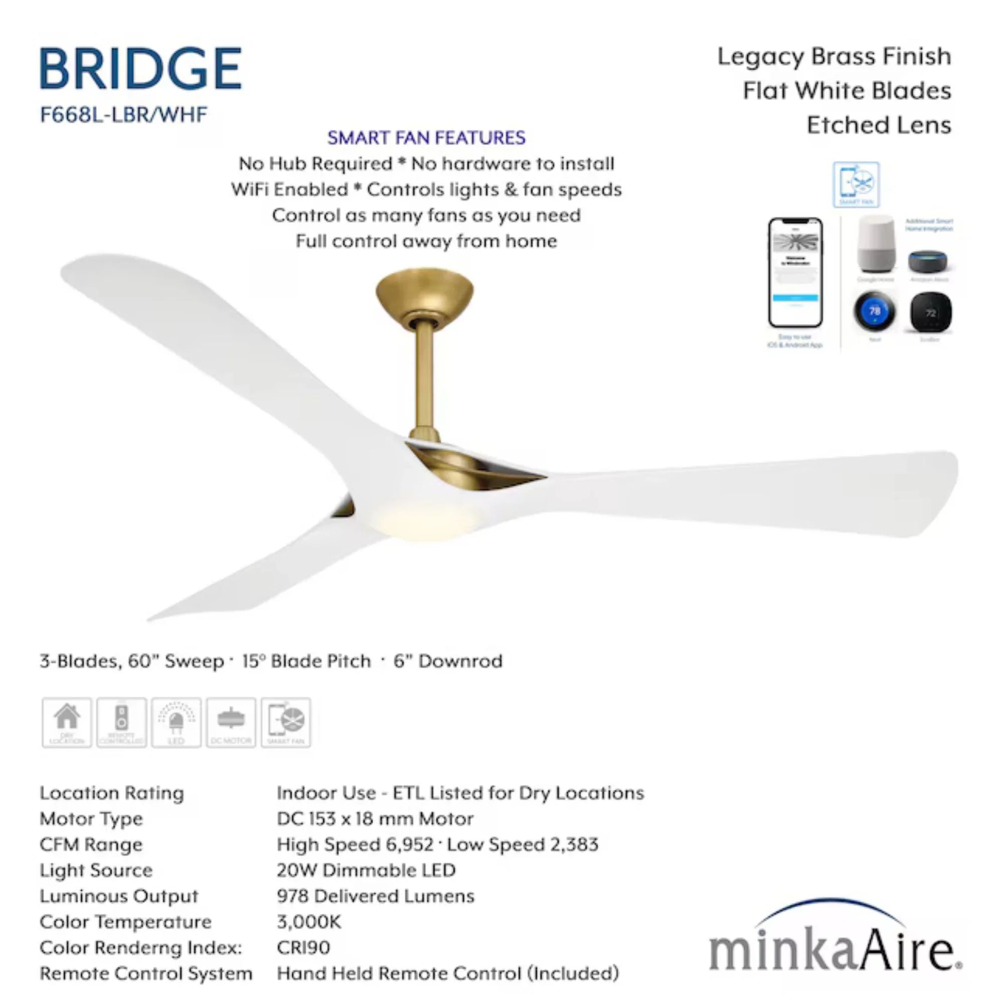 Bridge 60" Brass & White LED Smart Ceiling Fan