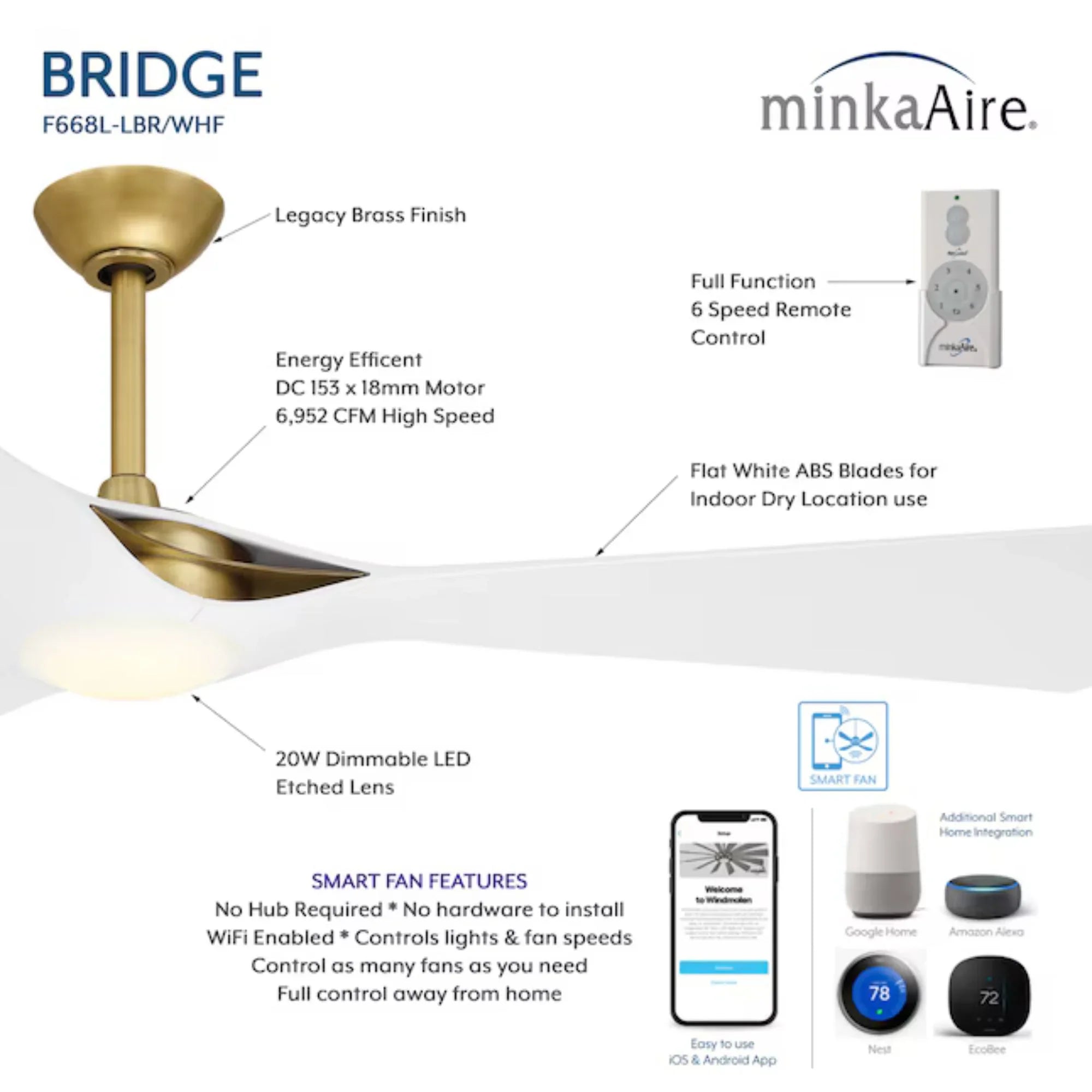 Bridge 60" Brass & White LED Smart Ceiling Fan