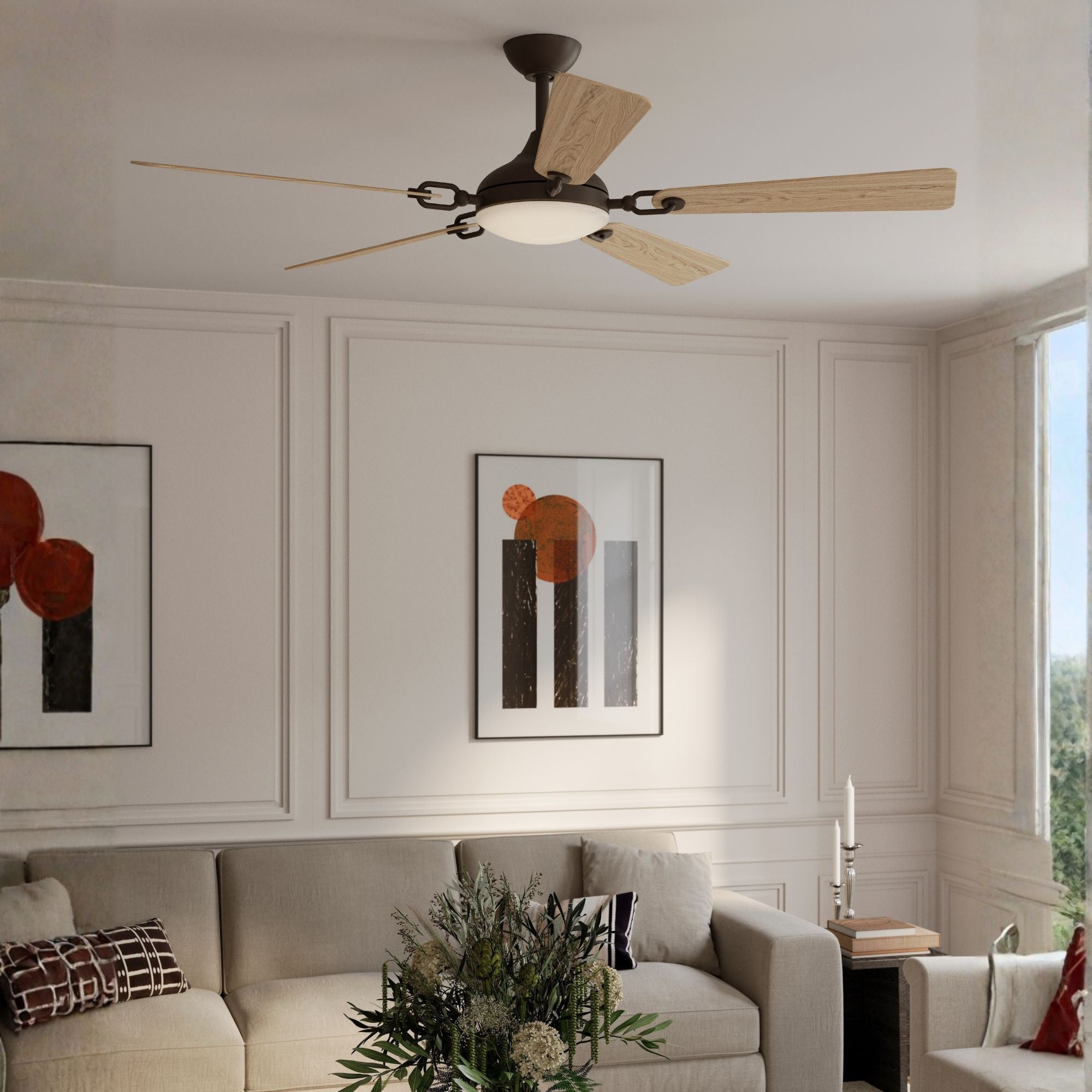 Cadena 65" 5-CCT LED Smart Ceiling Fan, Dark Bronze with White Oak Blades