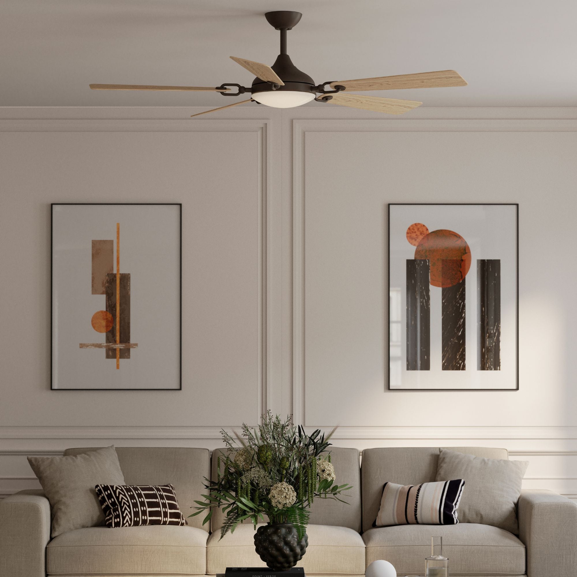 Cadena 65" 5-CCT LED Smart Ceiling Fan, Dark Bronze with White Oak Blades